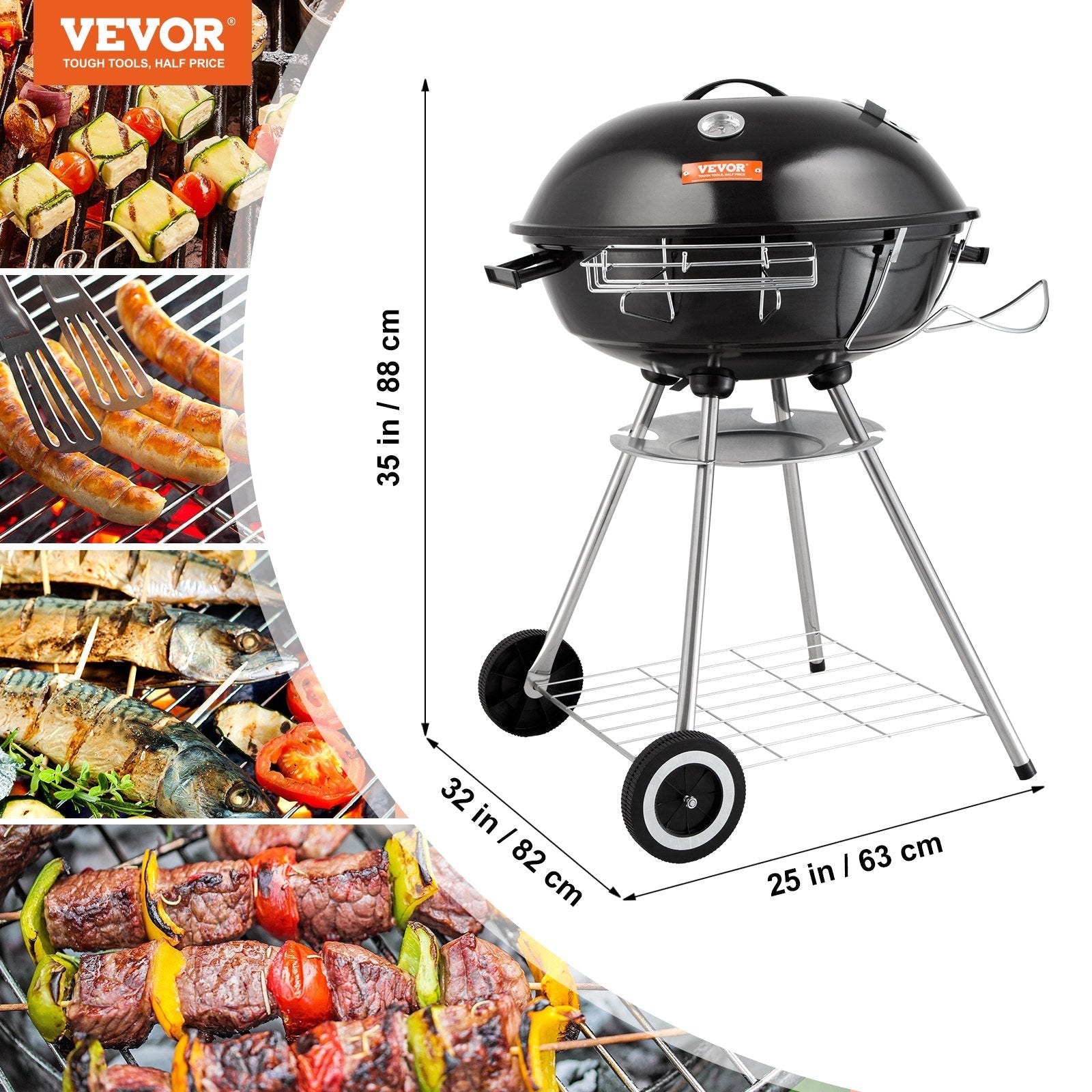 VEVOR 22 inch Kettle Charcoal Grill, Premium Kettle Grill with Wheels and Cover, Porcelain-Enameled Lid and Ash Catcher & Thermometer for BBQ, Round Barbecue Grill Outdoor Cooking, Picnic, Patio and Backyard 