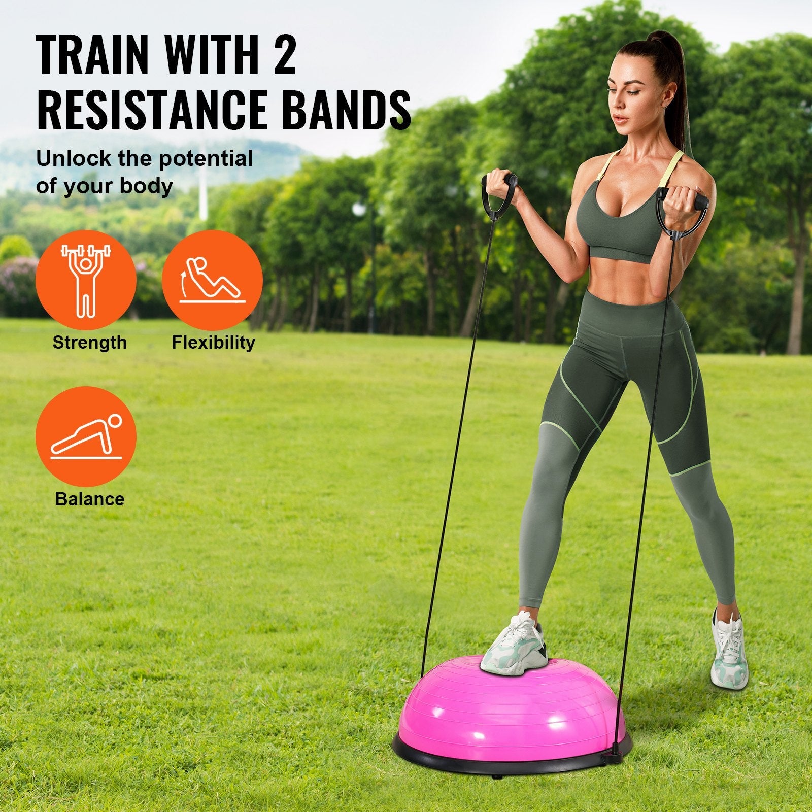 VEVOR Half Exercise Ball Trainer, 23 inch Balance Ball Trainer, 660lbs Capacity Stability Ball, Yoga Ball with Resistance Bands & Foot Pump, Strength Fitness Ball for Home Gym, Full Body Workout, Pink 