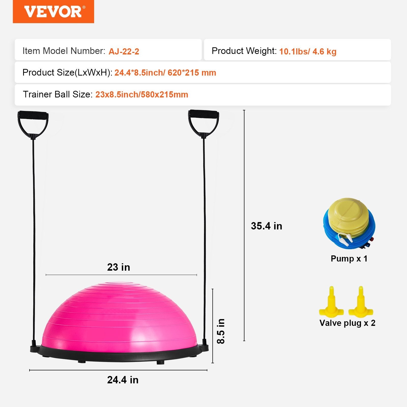 VEVOR Half Exercise Ball Trainer, 23 inch Balance Ball Trainer, 660lbs Capacity Stability Ball, Yoga Ball with Resistance Bands & Foot Pump, Strength Fitness Ball for Home Gym, Full Body Workout, Pink 