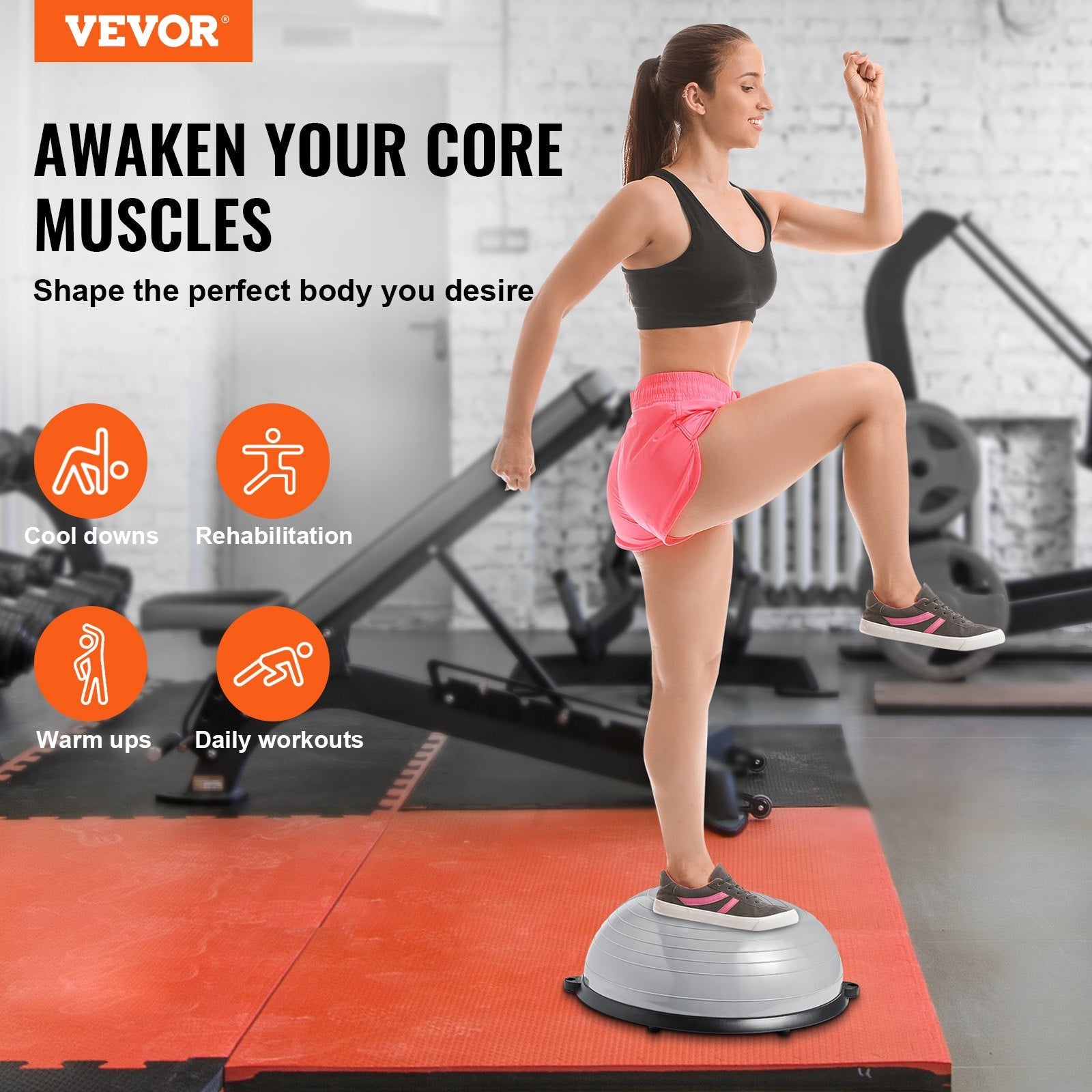 VEVOR Half Exercise Ball Trainer, 23 inch Balance Ball Trainer, 660lbs Capacity Stability Ball, Yoga Ball with Resistance Bands & Foot Pump, Strength Fitness Ball for Home Gym, Full Body Workout, Gray 