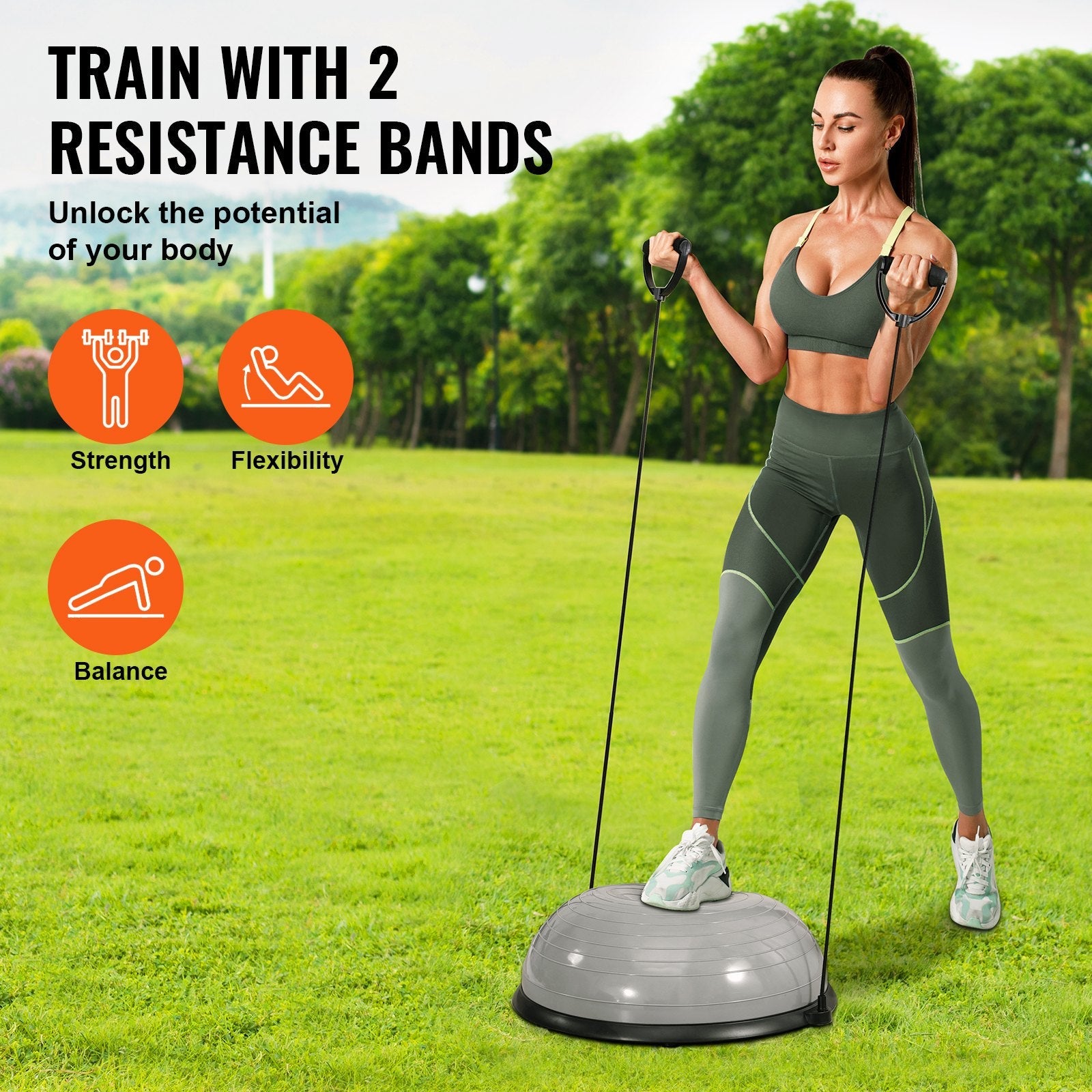 VEVOR Half Exercise Ball Trainer, 23 inch Balance Ball Trainer, 660lbs Capacity Stability Ball, Yoga Ball with Resistance Bands & Foot Pump, Strength Fitness Ball for Home Gym, Full Body Workout, Gray 