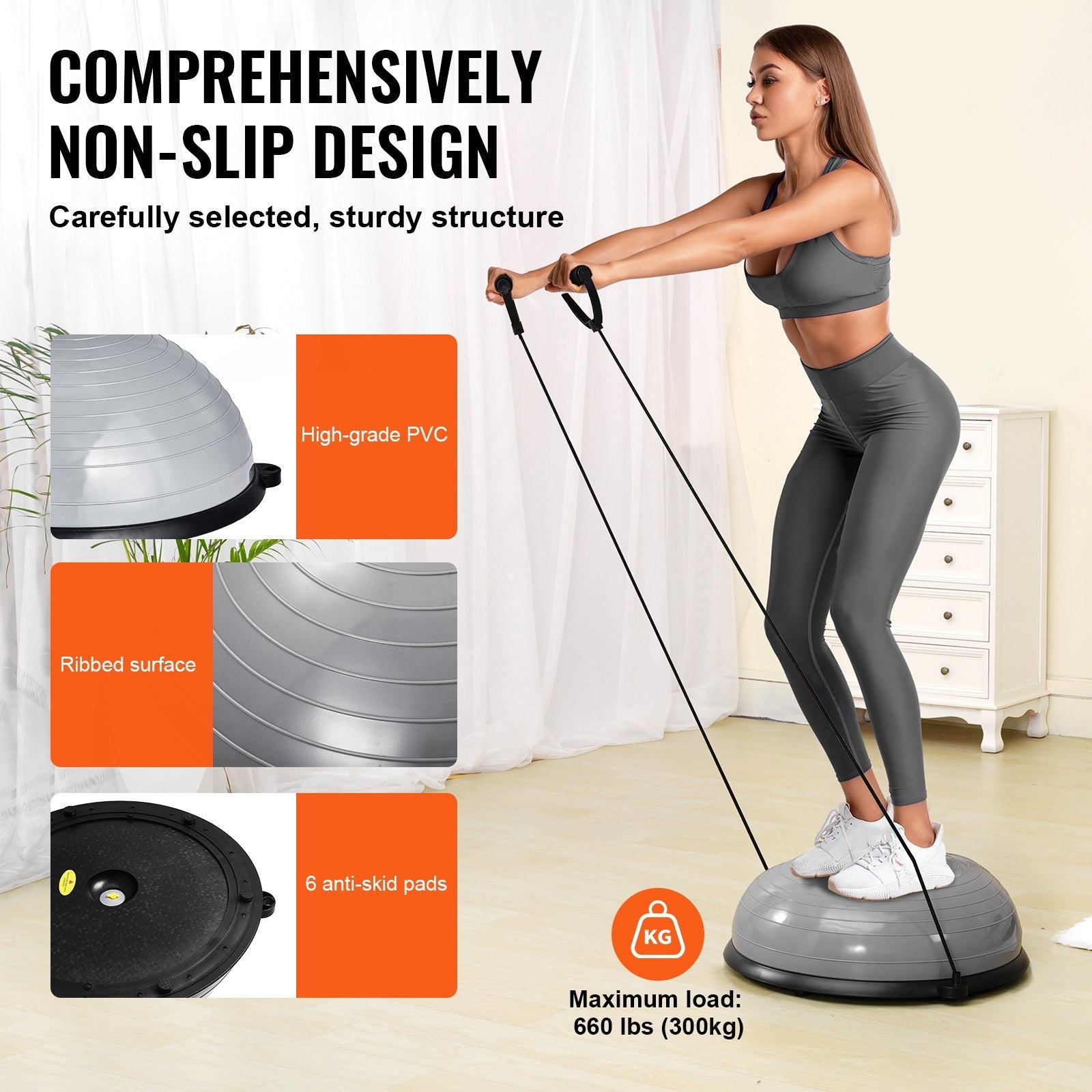 VEVOR Half Exercise Ball Trainer, 23 inch Balance Ball Trainer, 660lbs Capacity Stability Ball, Yoga Ball with Resistance Bands & Foot Pump, Strength Fitness Ball for Home Gym, Full Body Workout, Gray 