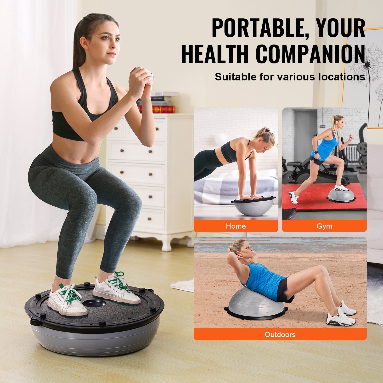 VEVOR Half Exercise Ball Trainer, 23 inch Balance Ball Trainer, 660lbs Capacity Stability Ball, Yoga Ball with Resistance Bands & Foot Pump, Strength Fitness Ball for Home Gym, Full Body Workout, Gray 