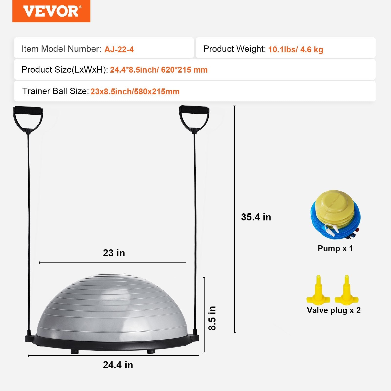 VEVOR Half Exercise Ball Trainer, 23 inch Balance Ball Trainer, 660lbs Capacity Stability Ball, Yoga Ball with Resistance Bands & Foot Pump, Strength Fitness Ball for Home Gym, Full Body Workout, Gray 