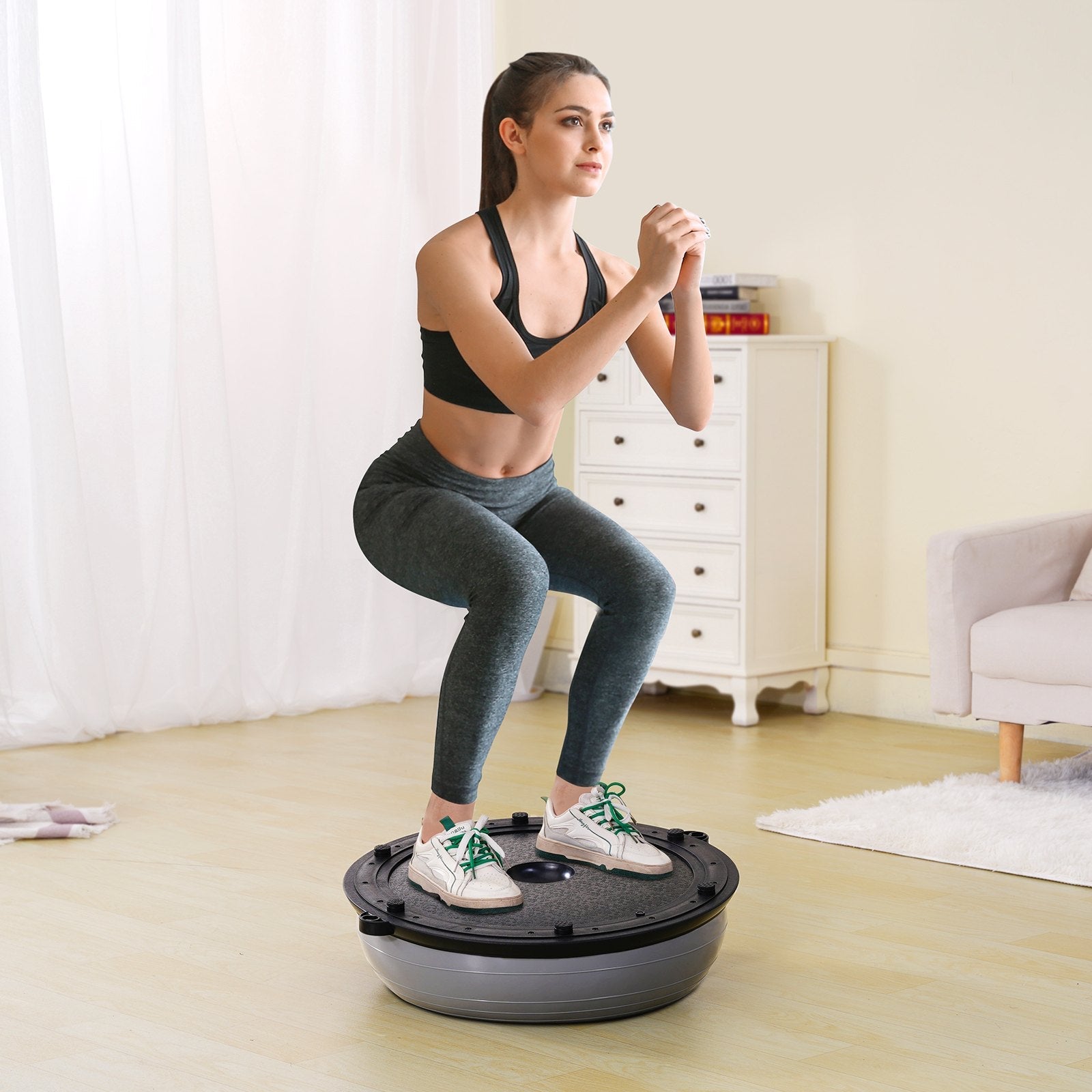 VEVOR Half Exercise Ball Trainer, 23 inch Balance Ball Trainer, 660lbs Capacity Stability Ball, Yoga Ball with Resistance Bands & Foot Pump, Strength Fitness Ball for Home Gym, Full Body Workout, Gray 