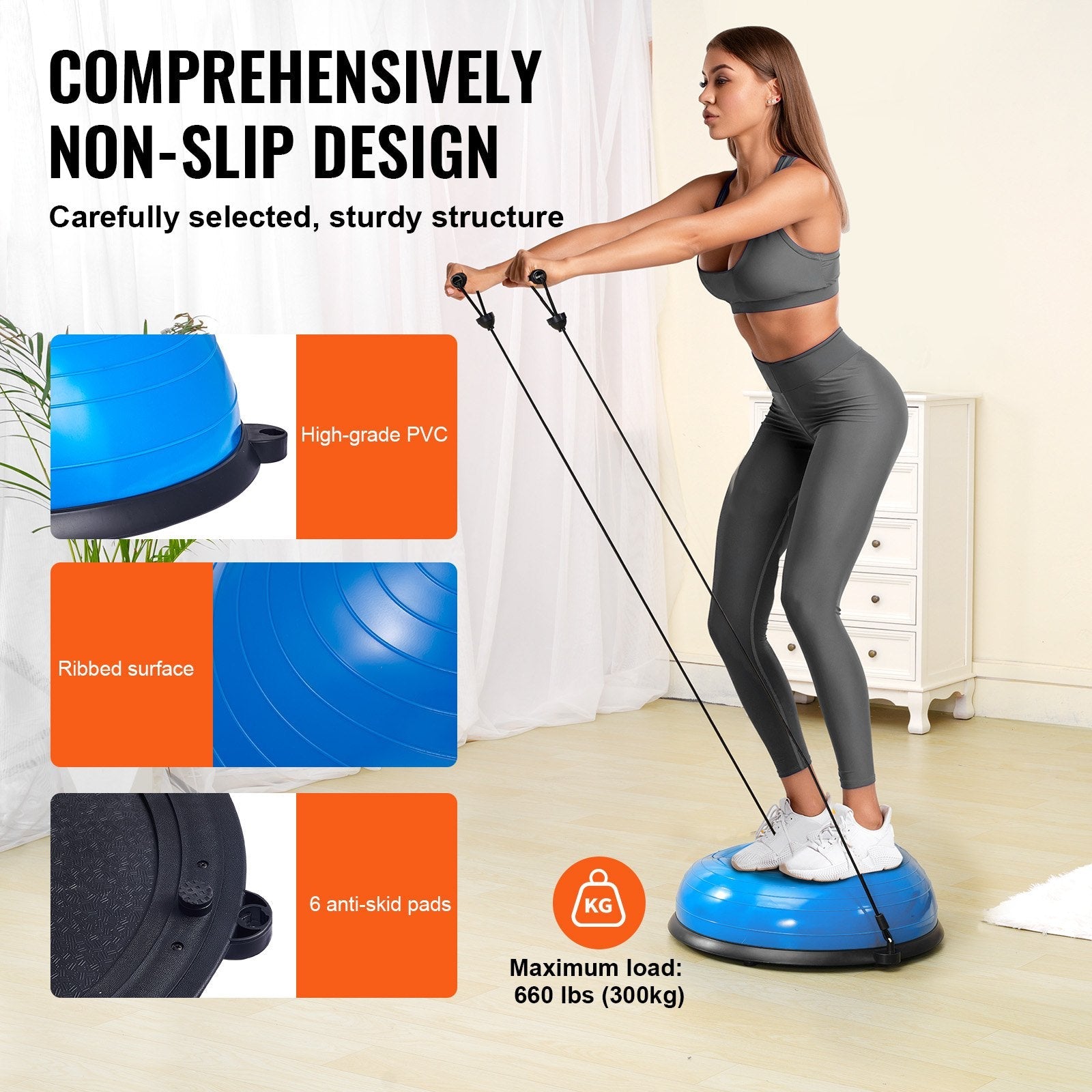 VEVOR Half Exercise Ball Trainer, 23 inch Balance Ball Trainer, 660lbs Capacity Stability Ball, Yoga Ball with Resistance Bands & Foot Pump, Strength Fitness Ball for Home Gym, Full Body Workout, Blue 