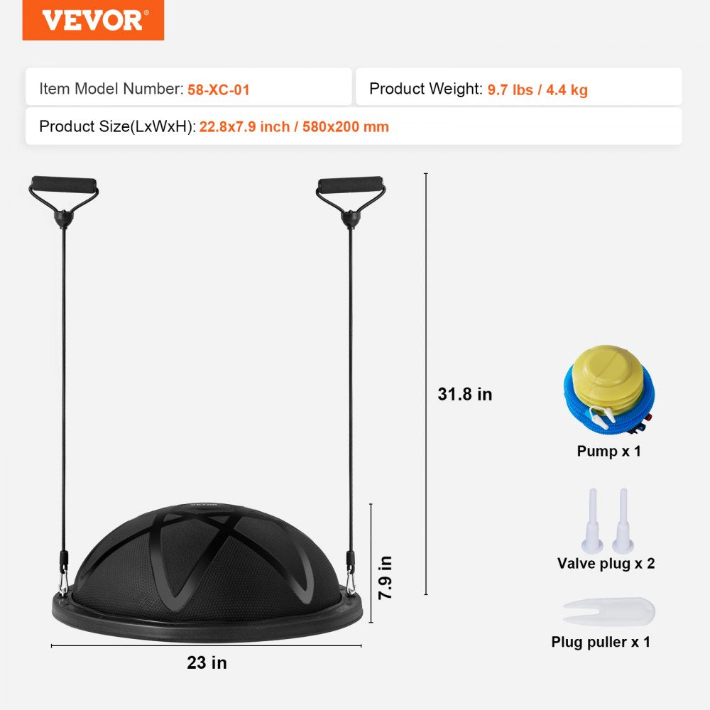 VEVOR Half Exercise Ball Trainer, 23 inch Balance Ball Trainer, 660 lbs Capacity Stability Ball, Yoga Ball with Resistance Bands and Pump, Strength Fitness Ball for Home Gym, Full Body Workouts, Black 