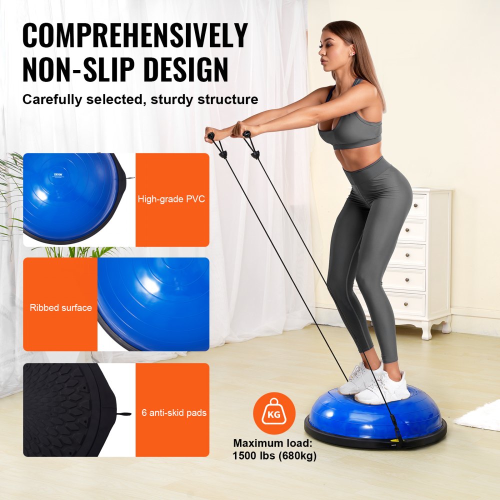 VEVOR Half Exercise Ball Trainer, 26 inch Balance Ball Trainer, 1500lbs Capacity Stability Ball, Yoga Ball with Resistance Bands & Foot Pump, Strength Fitness Ball for Home Gym Full Body Workout, Blue 