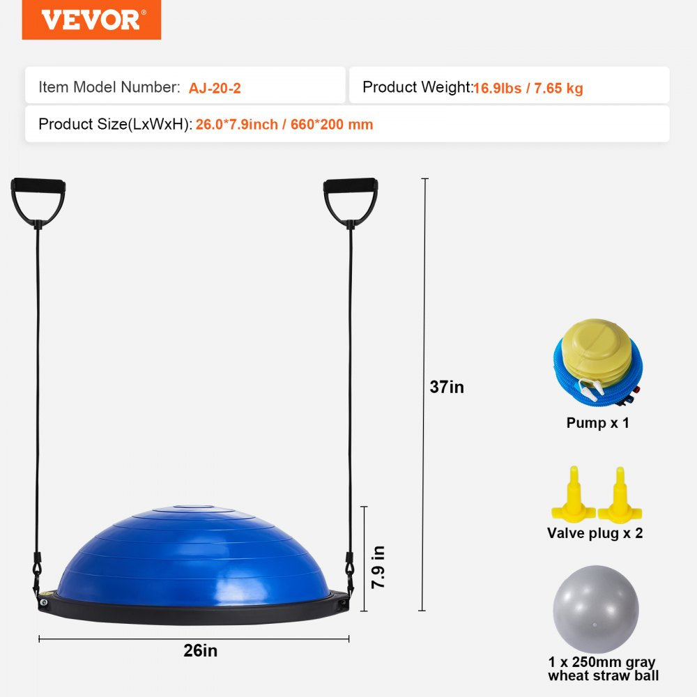 VEVOR Half Exercise Ball Trainer, 26 inch Balance Ball Trainer, 1500lbs Capacity Stability Ball, Yoga Ball with Resistance Bands & Foot Pump, Strength Fitness Ball for Home Gym Full Body Workout, Blue 