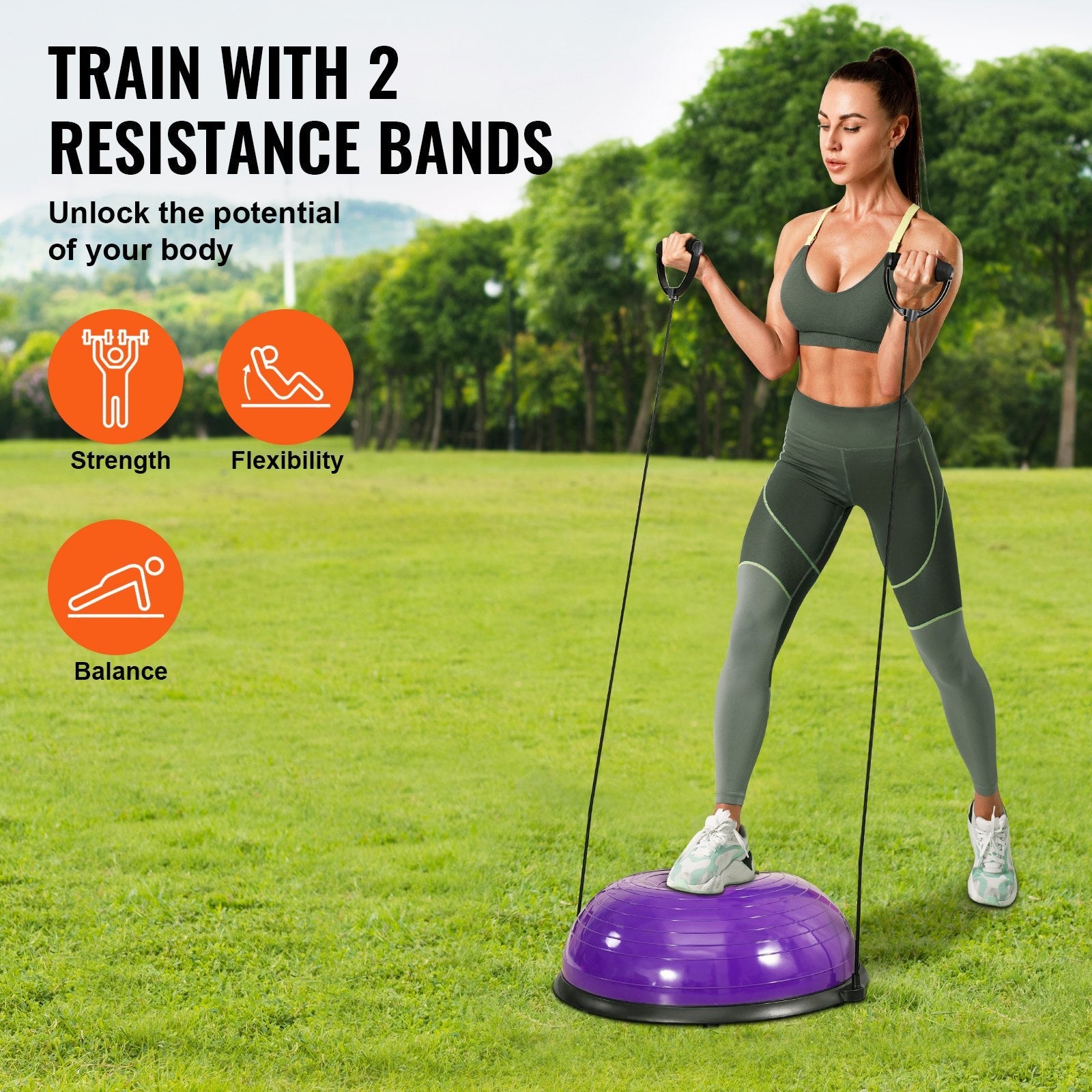 VEVOR Half Exercise Ball Trainer, 23 inch Balance Ball Trainer, 660lbs Stability Ball, Yoga Ball with Resistance Bands & Foot Pump, Strength Fitness Ball for Home Gym, Full Body Workout, Purple 