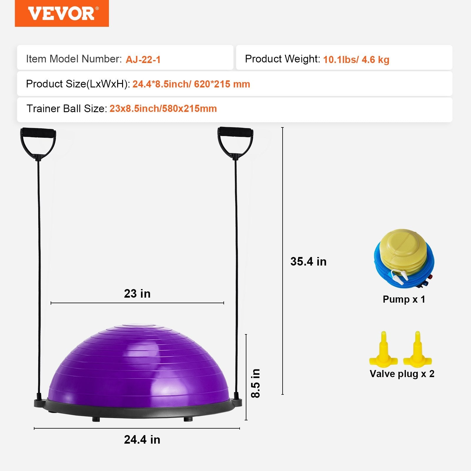 VEVOR Half Exercise Ball Trainer, 23 inch Balance Ball Trainer, 660lbs Stability Ball, Yoga Ball with Resistance Bands & Foot Pump, Strength Fitness Ball for Home Gym, Full Body Workout, Purple 