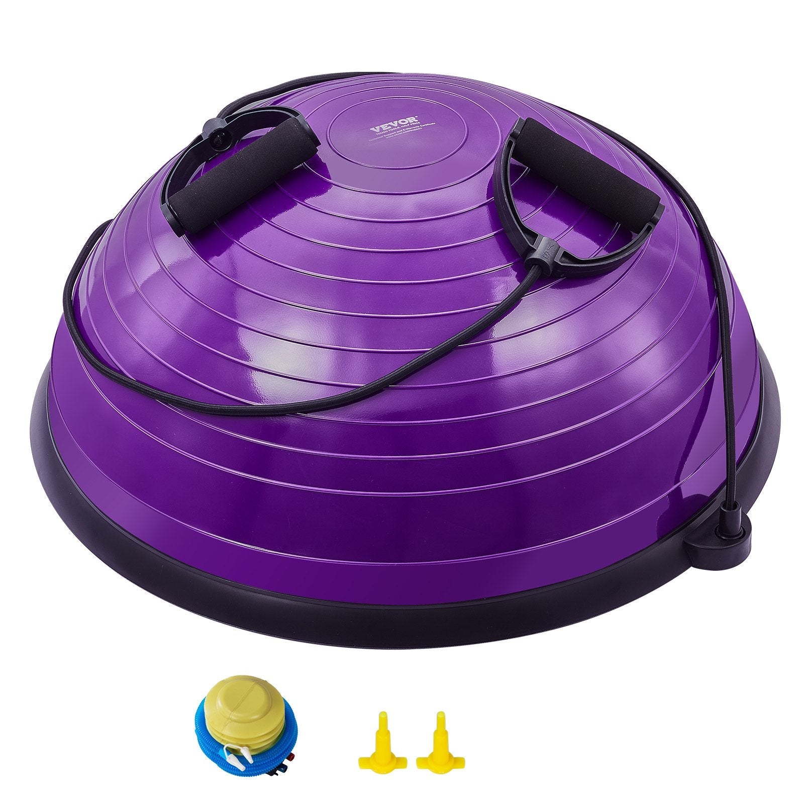 VEVOR Half Exercise Ball Trainer, 23 inch Balance Ball Trainer, 660lbs Stability Ball, Yoga Ball with Resistance Bands & Foot Pump, Strength Fitness Ball for Home Gym, Full Body Workout, Purple 