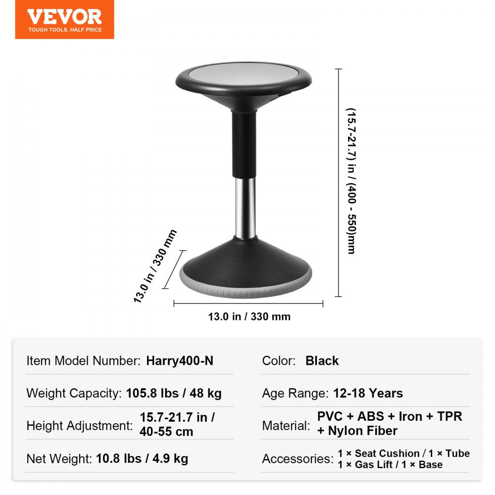VEVOR Wobble Chair Height-Adjustable (15.7-21.7") Active Chair Age 12-18 Black 