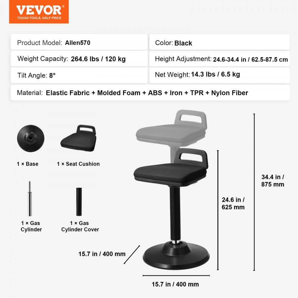 VEVOR Wobble Chair Height-Adjustable (24.6-34.4") Active Chair with Handle Black 