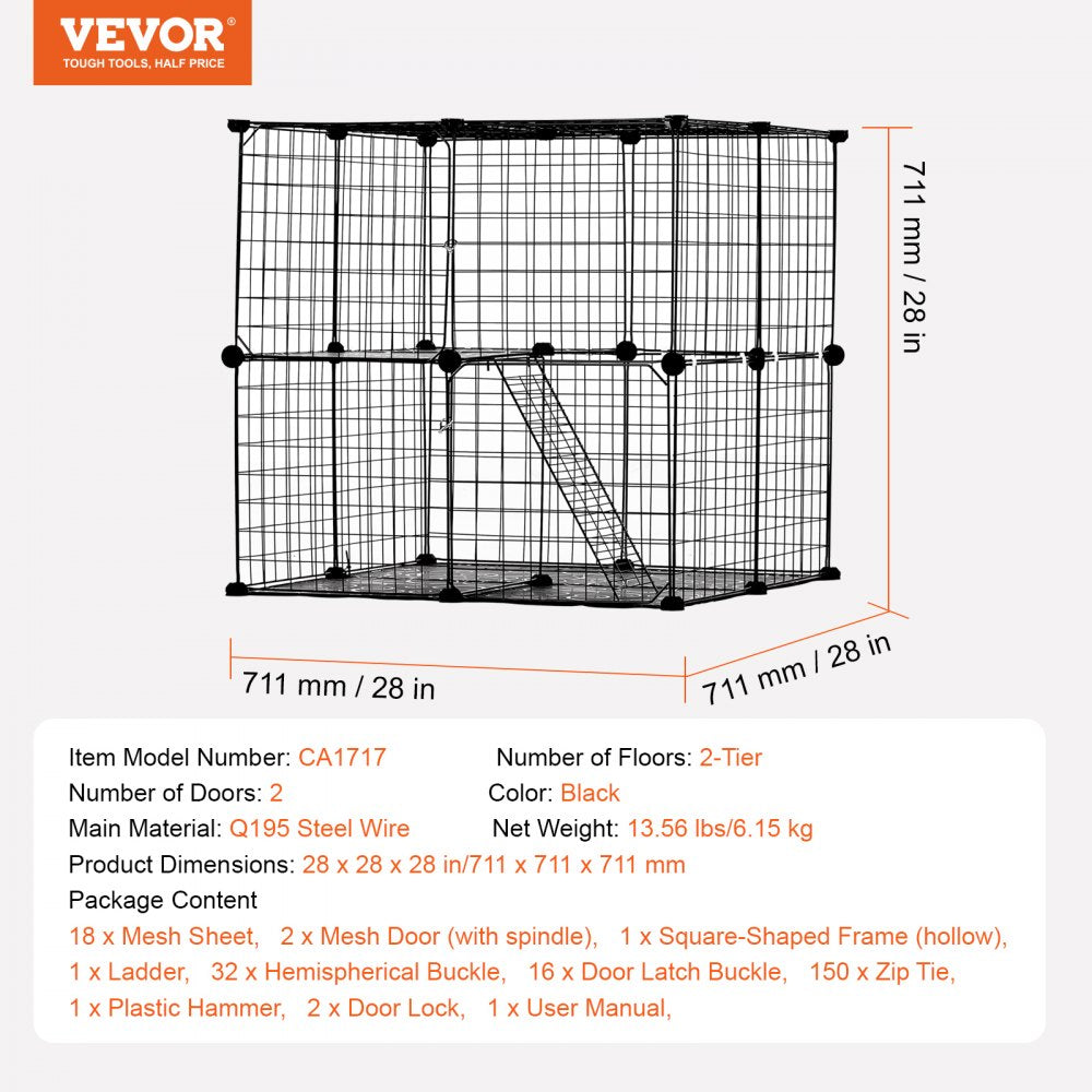 VEVOR Large 2-tier Cat Cage 28 x 28 x 28" Metal Wire Playpen Catio with Ladder 