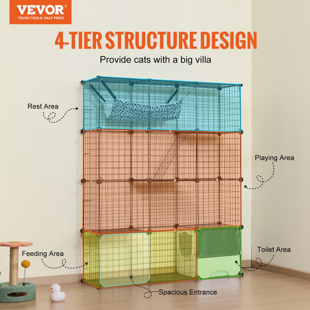 VEVOR Large 4-tier Cat Cage 41 x 14 x 55" Metal Wire Cat Enclosure with Hammock 