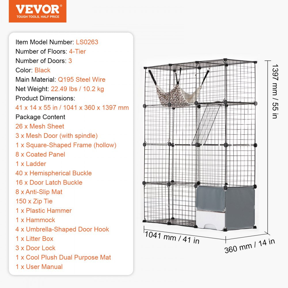 VEVOR Large 4-tier Cat Cage 41 x 14 x 55" Metal Wire Cat Enclosure with Hammock 
