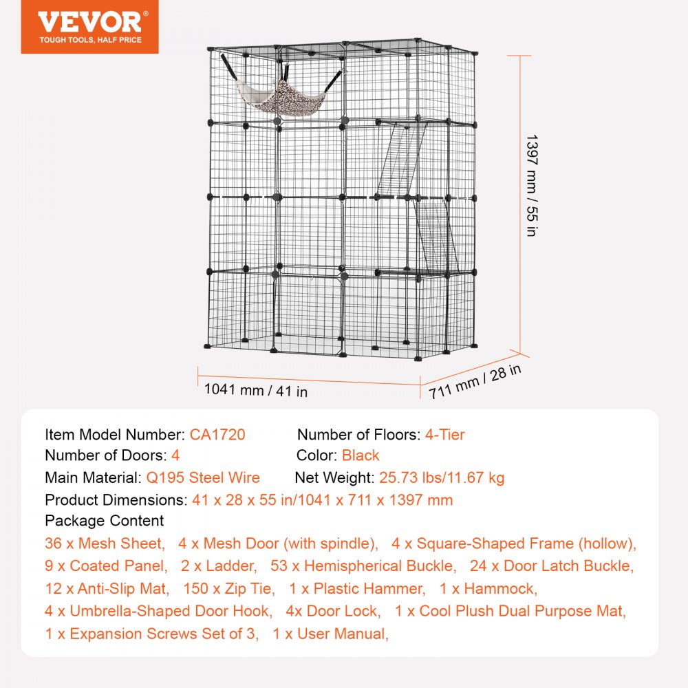 VEVOR Large 4-tier Cat Cage 41 x 28 x 55" Metal Wire Cat Enclosure with Hammock 
