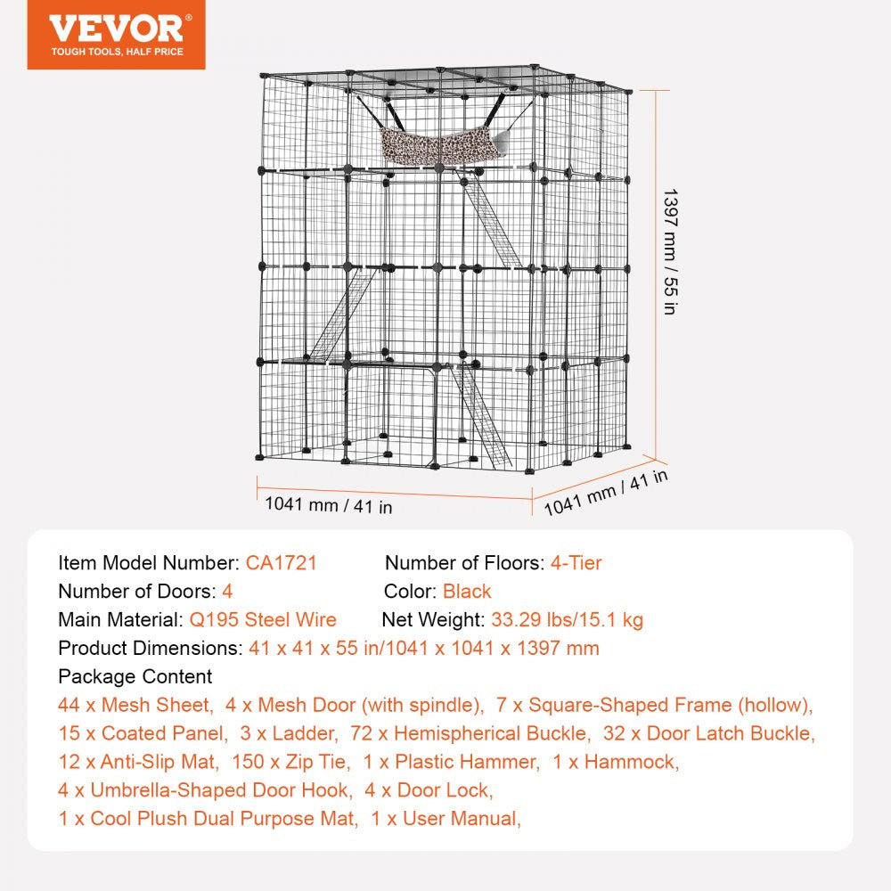 VEVOR Large 4-tier Cat Cage 41 x 41 x 55" Metal Wire Cat Enclosure with Hammock 