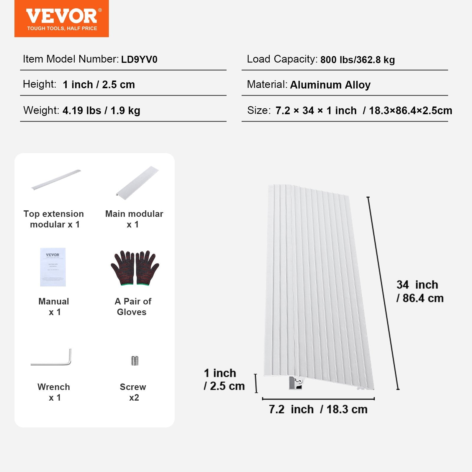 VEVOR Door Threshold Ramp, 1" Rise, 800 lbs Load Capacity, Door Ramp for Wheelchairs, Aluminum Threshold Ramp for Doorways, Adjustable Modular Threshold Ramp for Wheelchairs, Scooters, Power Chairs 