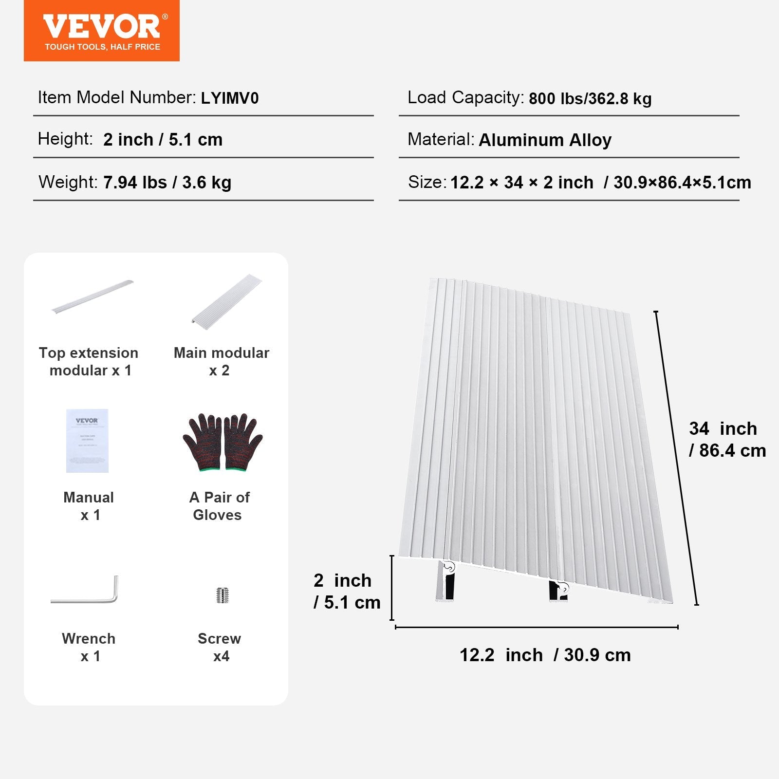 VEVOR Door Threshold Ramp, 2" Rise, 800 lbs Load Capacity, Door Ramp for Wheelchairs, Aluminum Threshold Ramp for Doorways, Adjustable Modular Threshold Ramp for Wheelchairs, Scooters, Power Chairs 