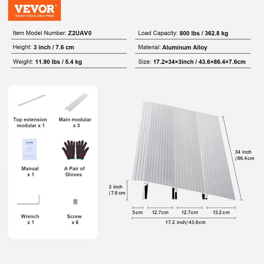VEVOR Door Threshold Ramp, 3" Rise, 800 lbs Load Capacity, Door Ramp for Wheelchairs, Aluminum Threshold Ramp for Doorways, Adjustable Modular Threshold Ramp for Wheelchairs, Scooters, Power Chairs 