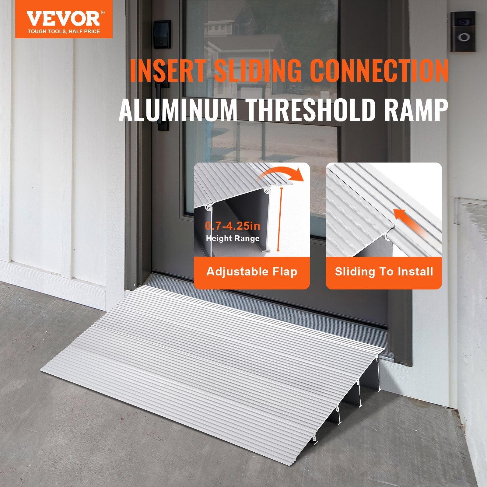 VEVOR Door Threshold Ramp, 4" Rise, 800 lbs Load Capacity, Door Ramp for Wheelchairs, Aluminum Threshold Ramp for Doorways, Adjustable Modular Threshold Ramp for Wheelchairs, Scooters, Power Chairs 