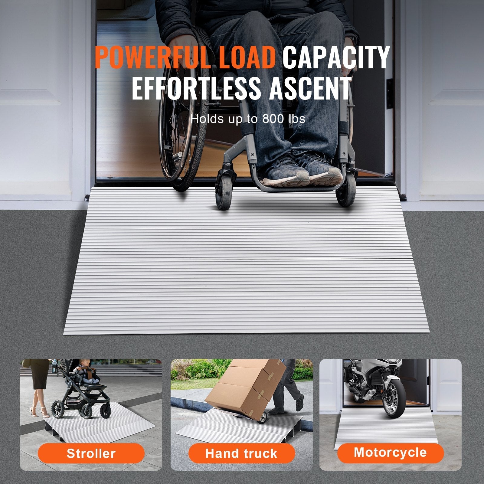 VEVOR Door Threshold Ramp, 4" Rise, 800 lbs Load Capacity, Door Ramp for Wheelchairs, Aluminum Threshold Ramp for Doorways, Adjustable Modular Threshold Ramp for Wheelchairs, Scooters, Power Chairs 