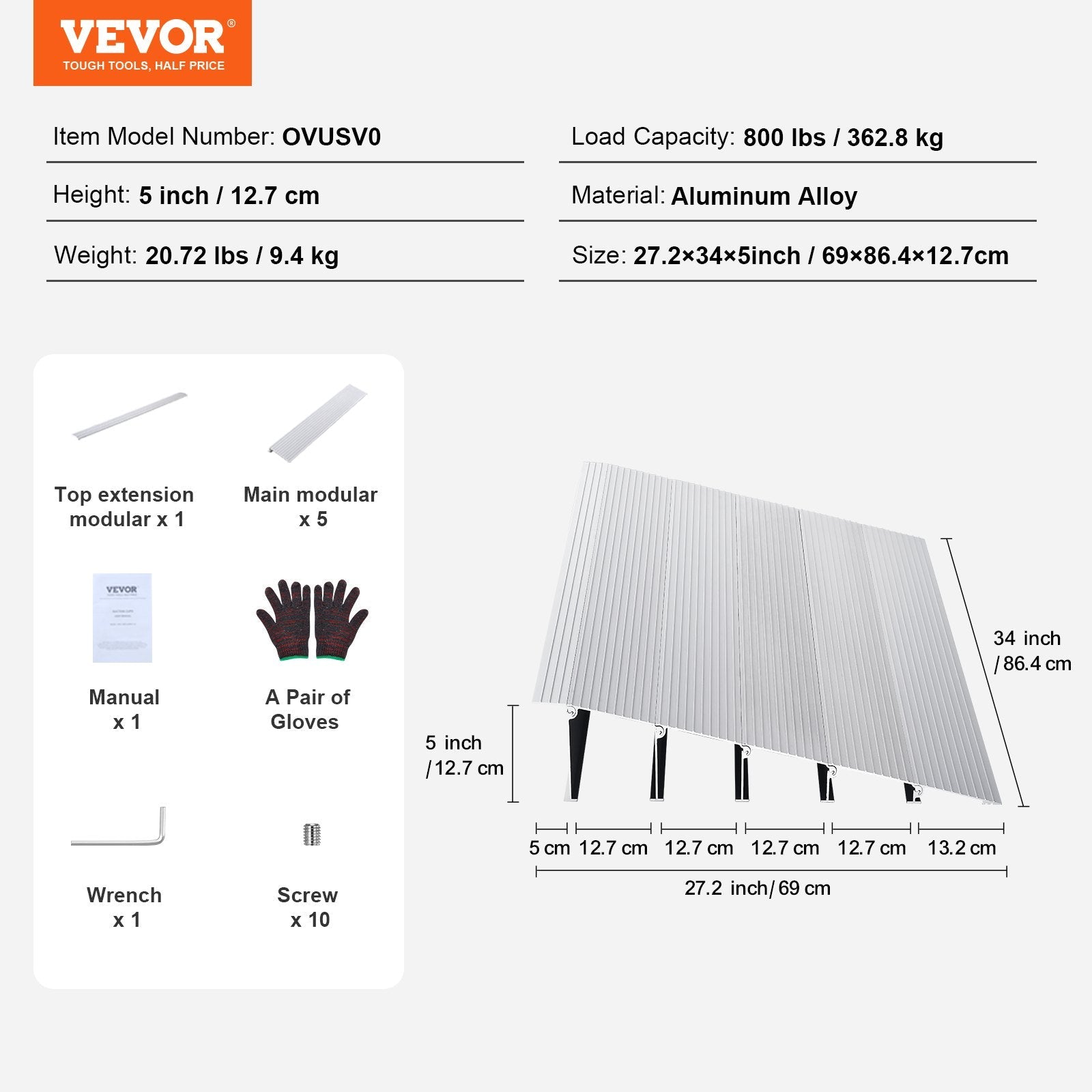 VEVOR Door Threshold Ramp, 5" Rise, 800 lbs Load Capacity, Door Ramp for Wheelchairs, Aluminum Threshold Ramp for Doorways, Adjustable Modular Threshold Ramp for Wheelchairs, Scooters, Power Chairs 