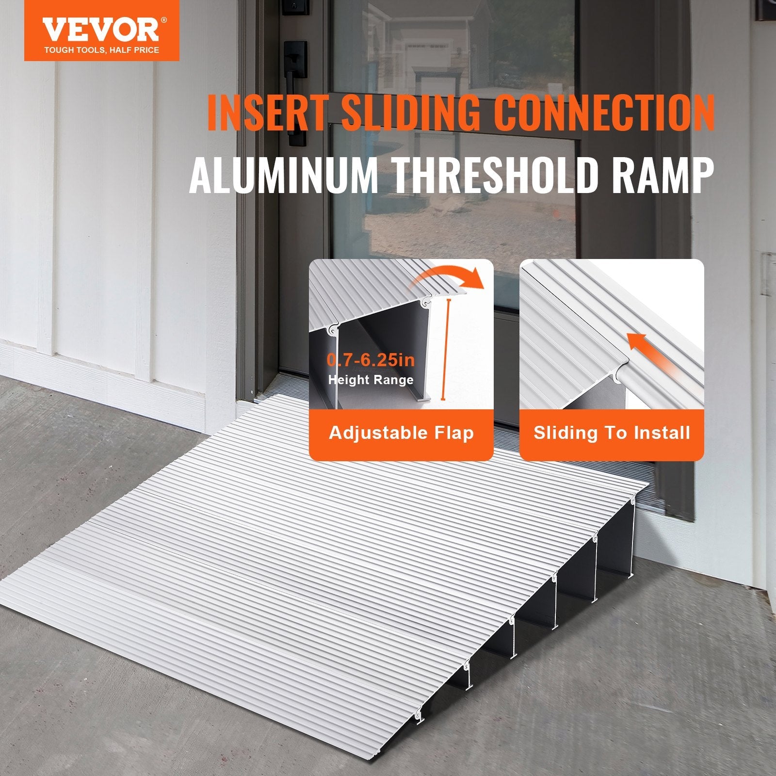 VEVOR Door Threshold Ramp, 6" Rise, 800 lbs Load Capacity, Door Ramp for Wheelchairs, Aluminum Threshold Ramp for Doorways, Adjustable Modular Threshold Ramp for Wheelchairs, Scooters, Power Chairs 