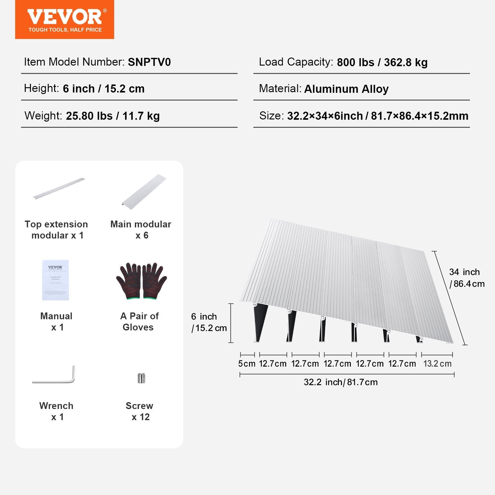 VEVOR Door Threshold Ramp, 6" Rise, 800 lbs Load Capacity, Door Ramp for Wheelchairs, Aluminum Threshold Ramp for Doorways, Adjustable Modular Threshold Ramp for Wheelchairs, Scooters, Power Chairs 