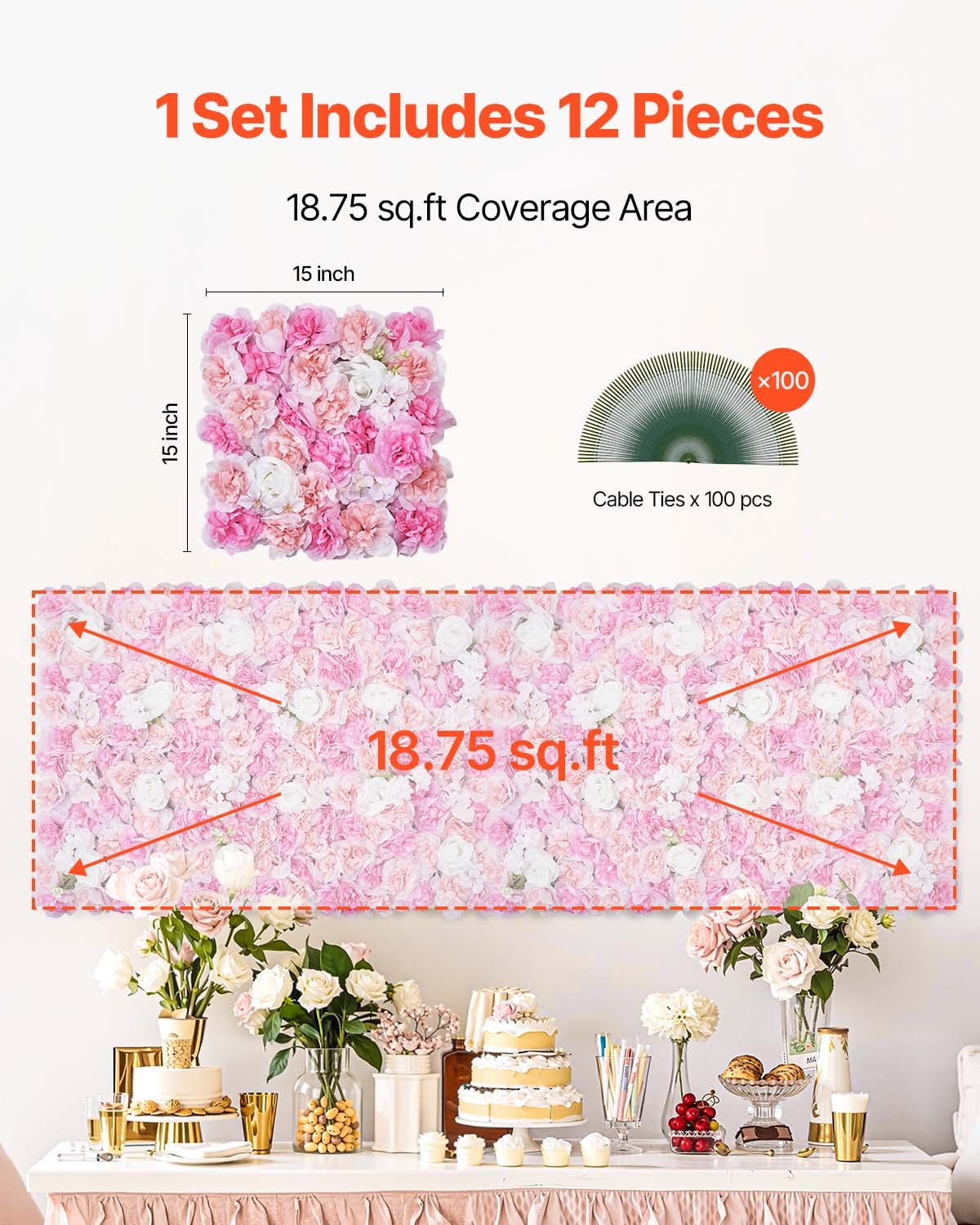 VEVOR 3D Flower Wall Panel 12 PCS 15x15 in Artificial Floral Mat for Wedding 