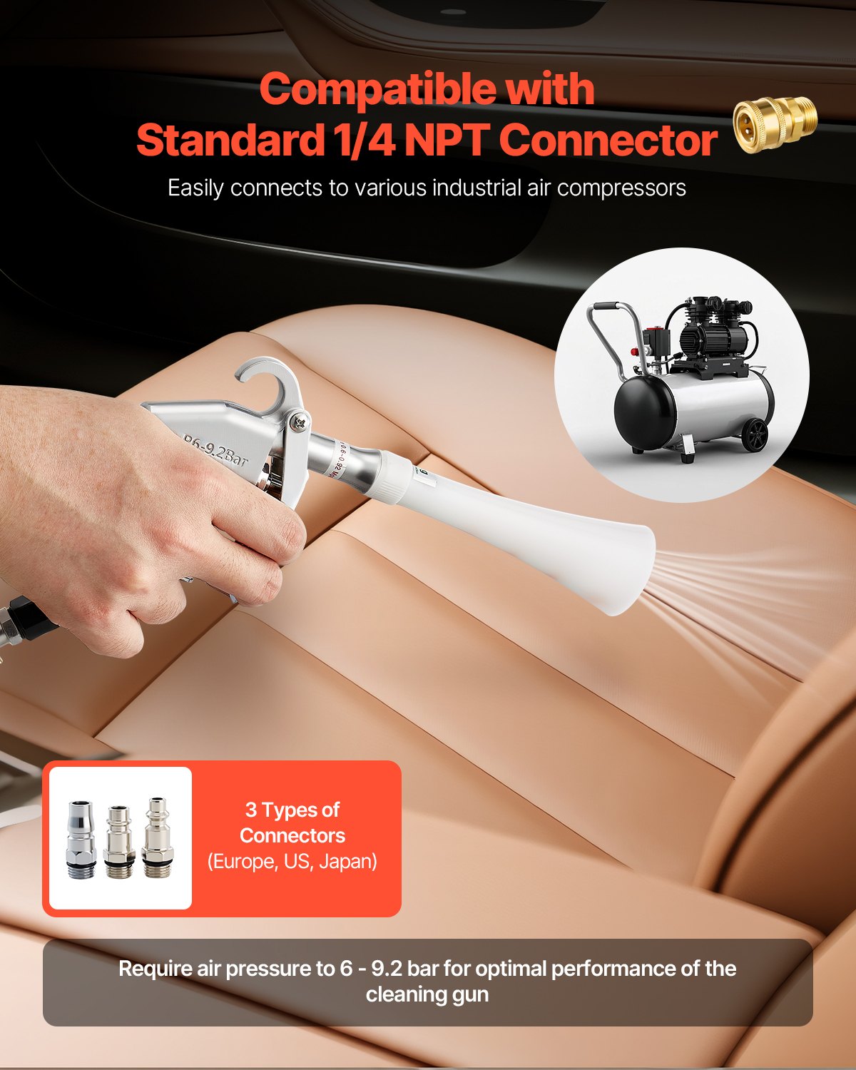 VEVOR Car Cleaning Gun 6-9.2 Bar High-Pressure Air Blow Gun 2 Nozzles Blast Dust 