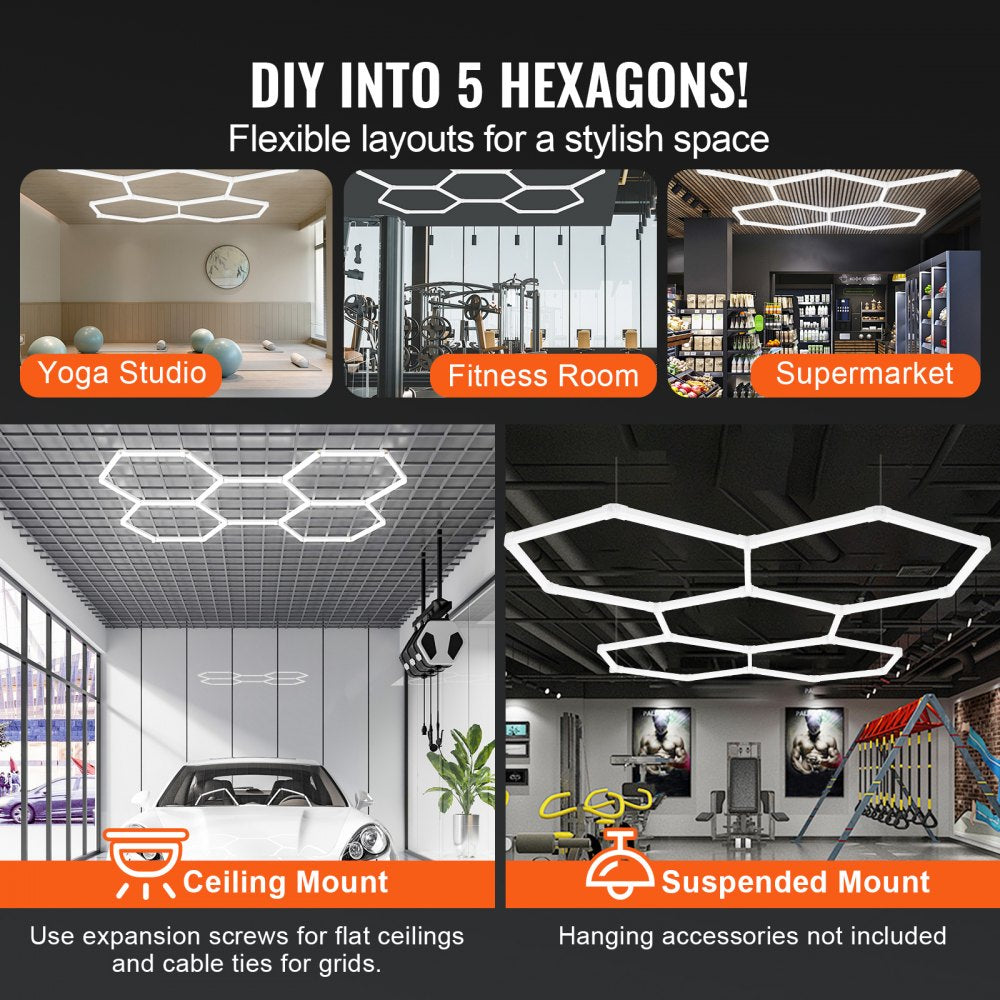 VEVOR Hexagon Garage Lights 26400LM 5 Grid Honeycomb LED Shop Ceiling Light 