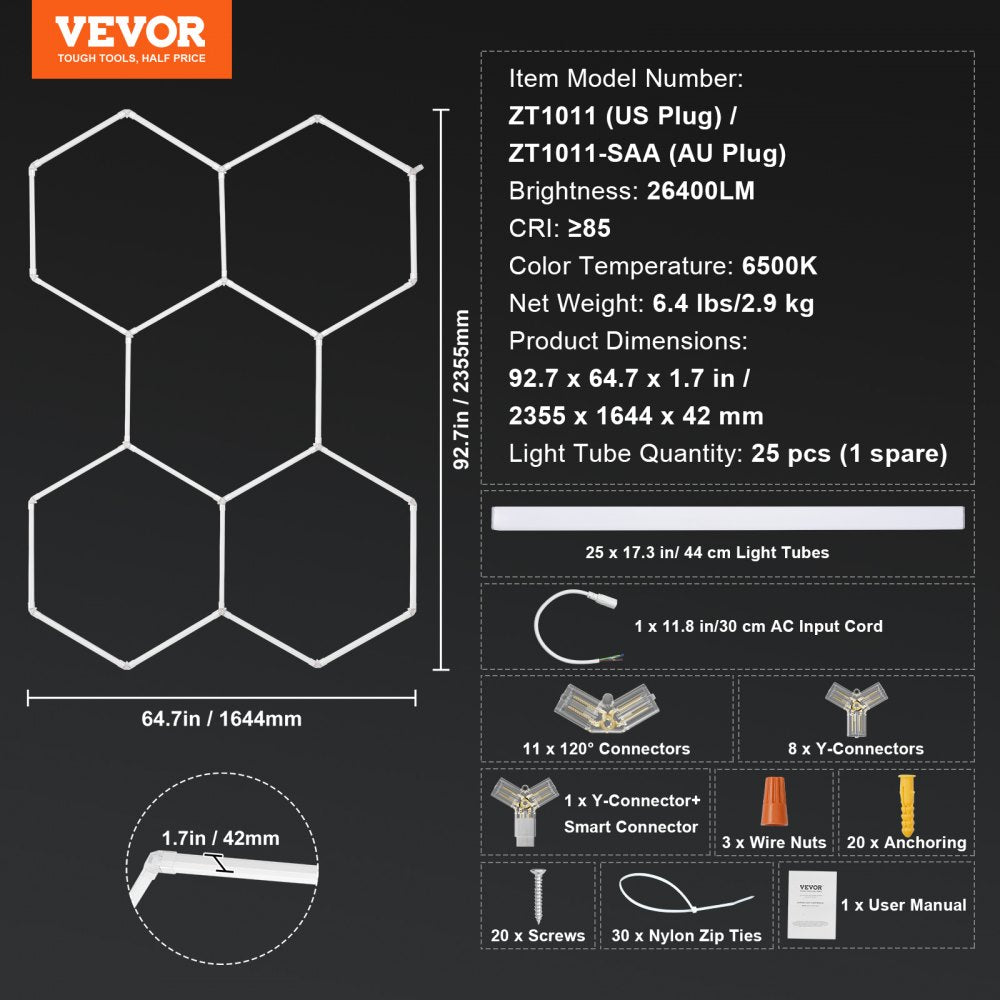 VEVOR Hexagon Garage Lights 26400LM 5 Grid Honeycomb LED Shop Ceiling Light 