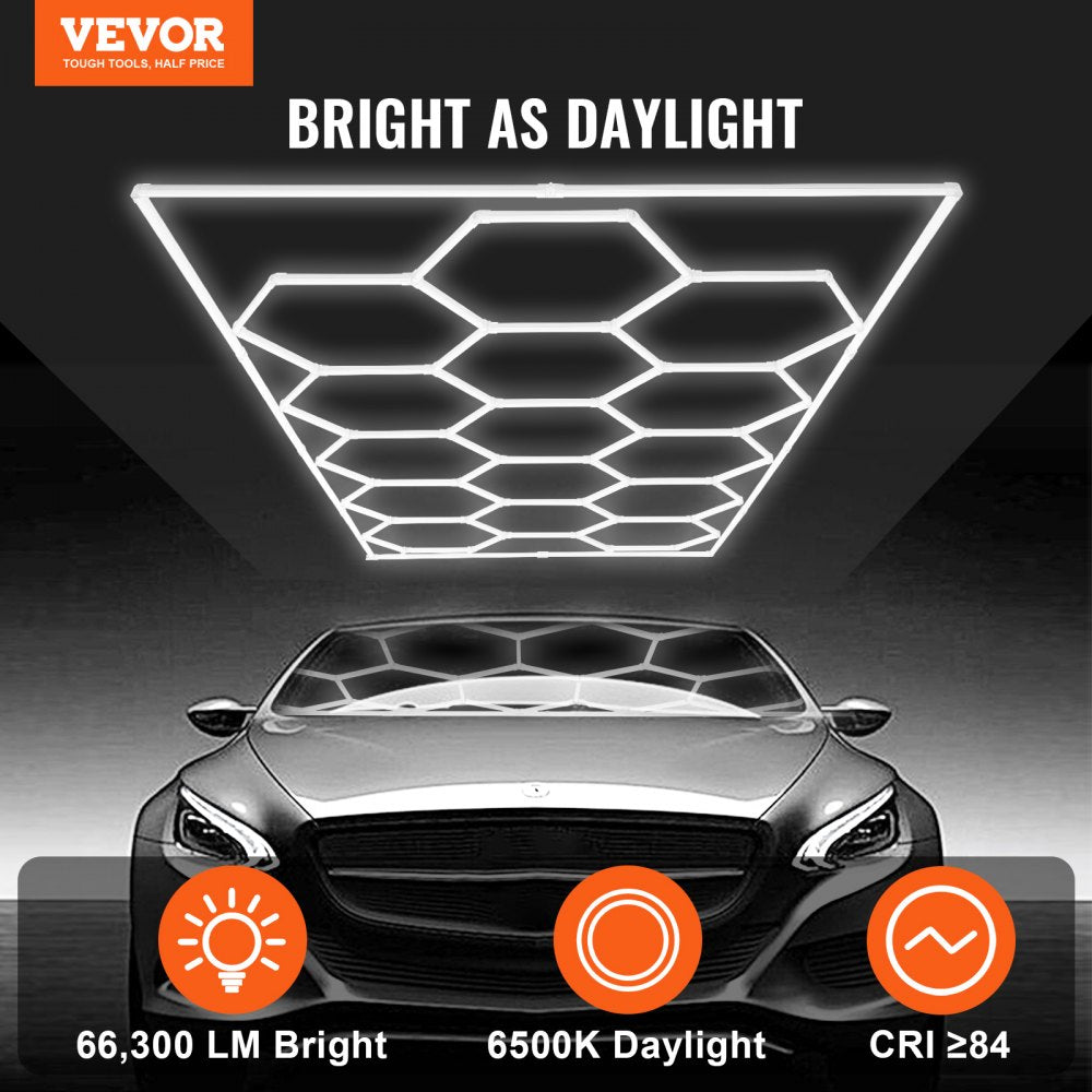 VEVOR Hexagon Garage Lights 66300LM 15 Grids Honeycomb LED Shop Ceiling Light 