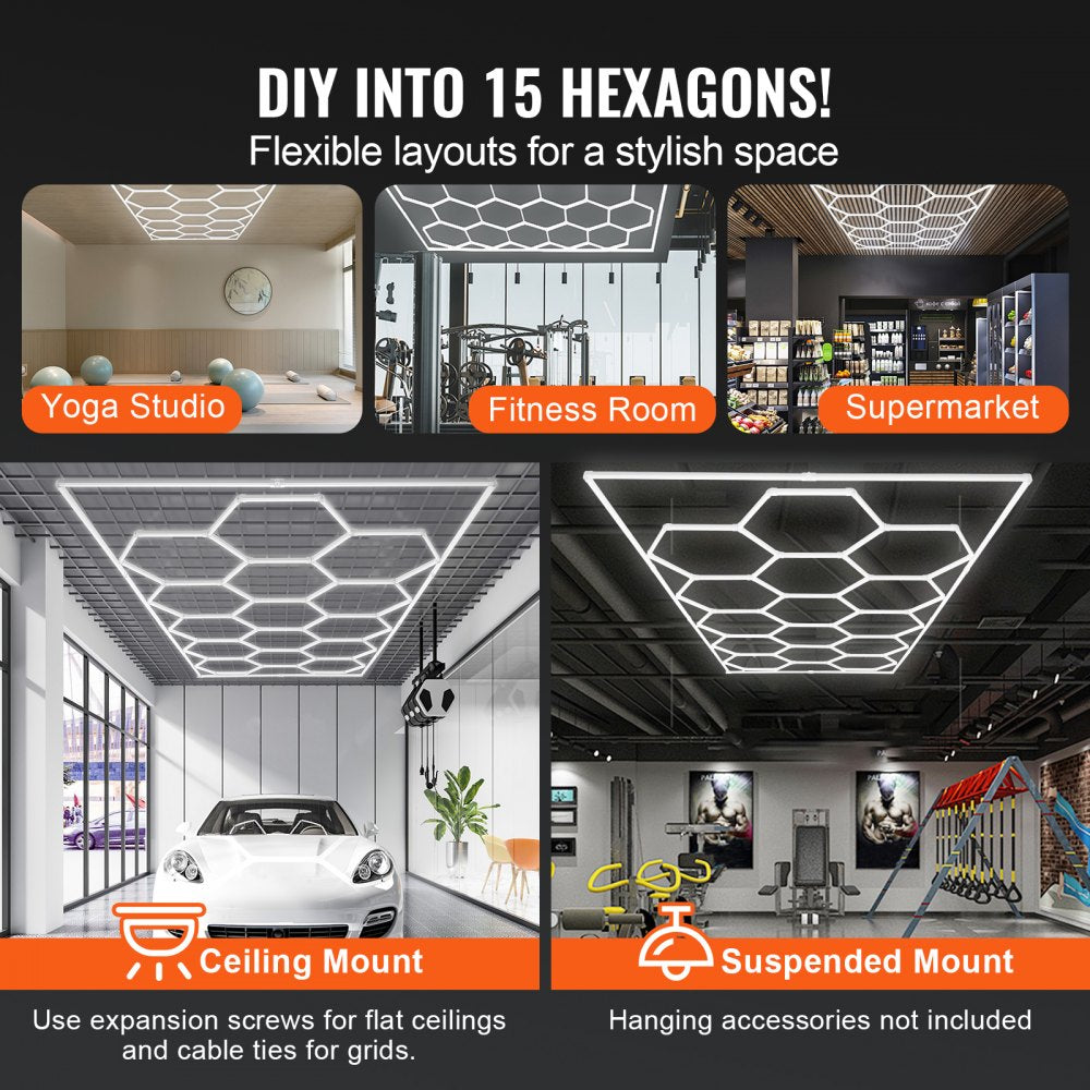 VEVOR Hexagon Garage Lights 66300LM 15 Grids Honeycomb LED Shop Ceiling Light 