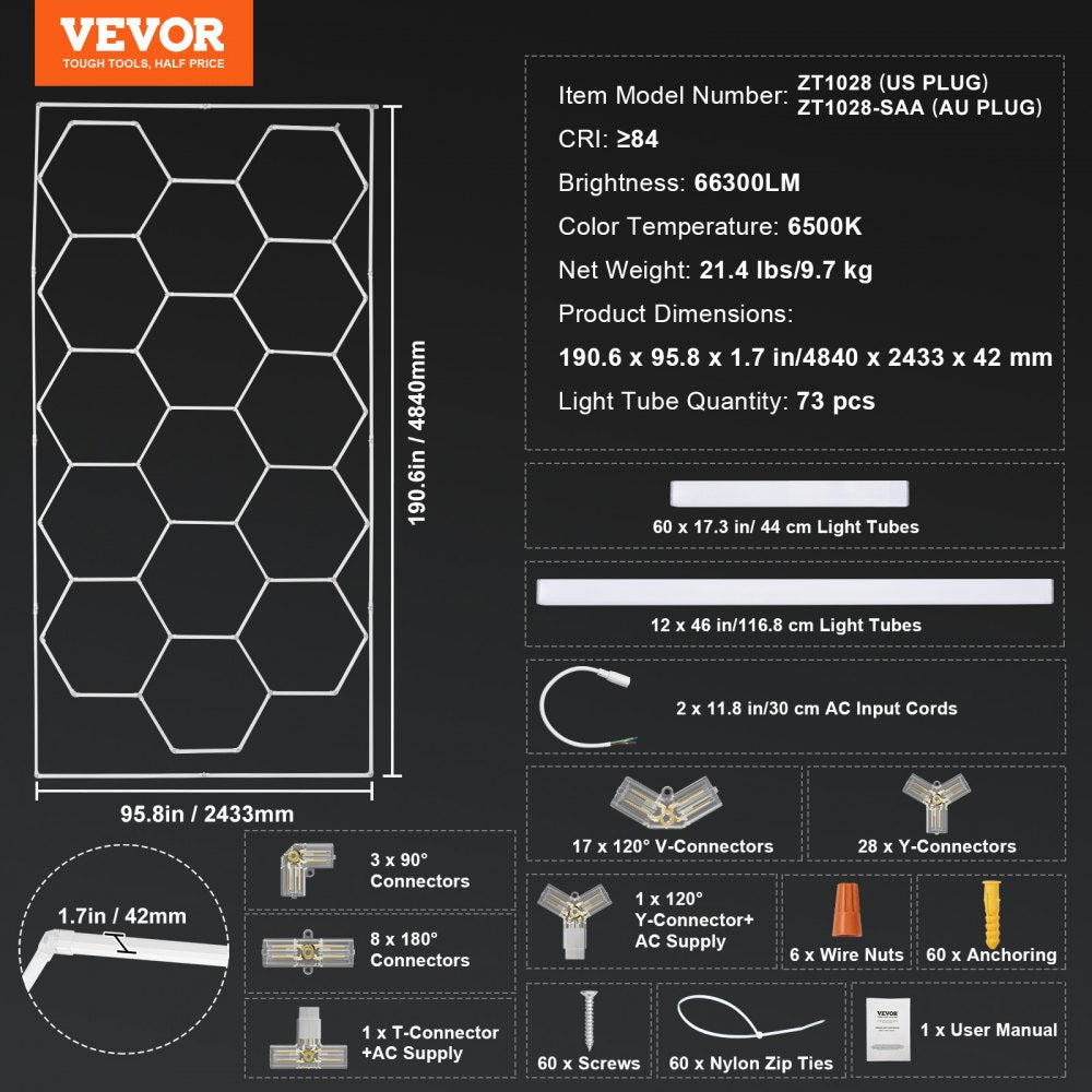 VEVOR Hexagon Garage Lights 66300LM 15 Grids Honeycomb LED Shop Ceiling Light 