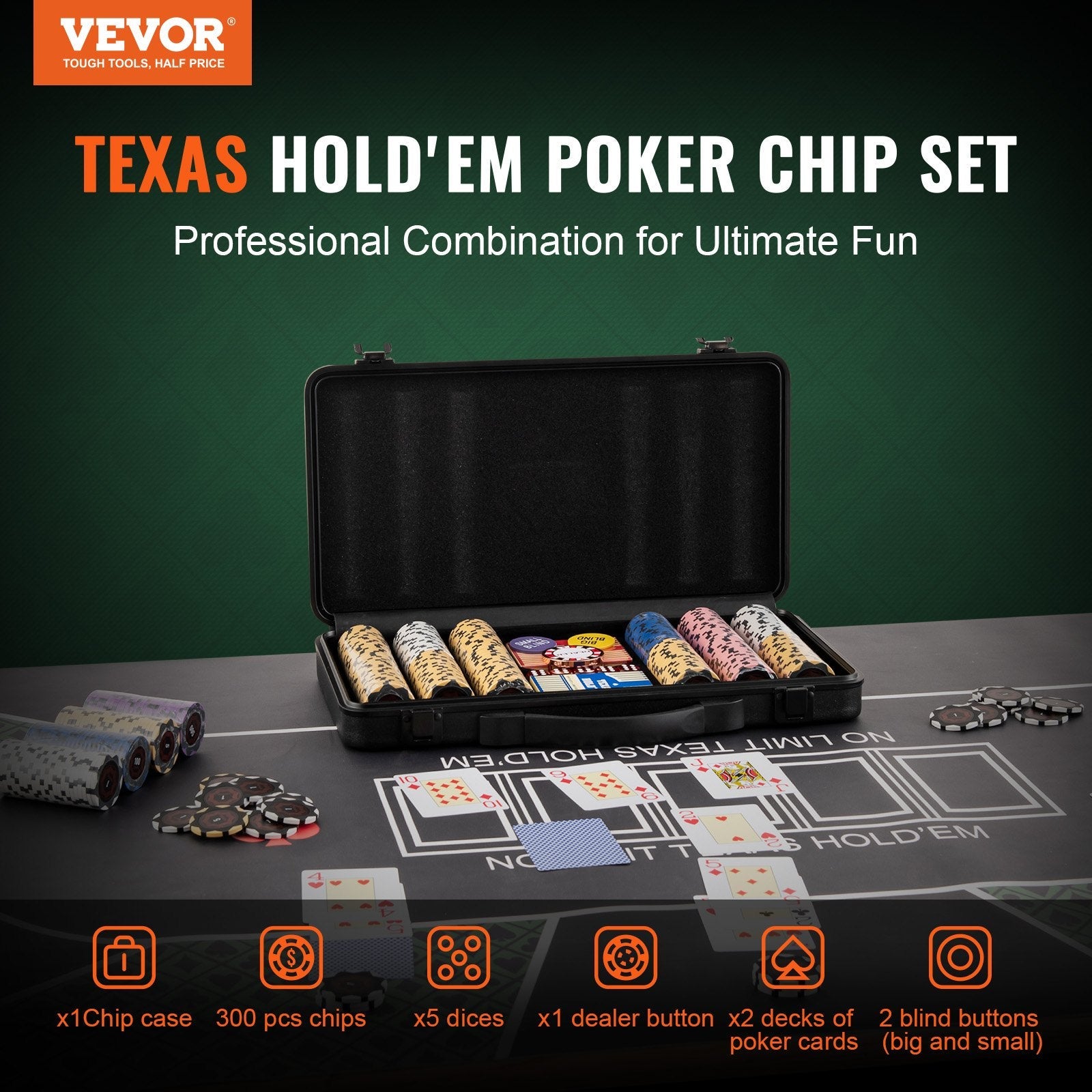 VEVOR Poker Chip Set, 300-Piece Poker Set, Complete Poker Playing Game Set with Carrying  Case, Heavyweight 14 Gram Casino Clay Chips, Cards, Buttons and Dices, for Texas Hold'em, Blackjack, Gambling 