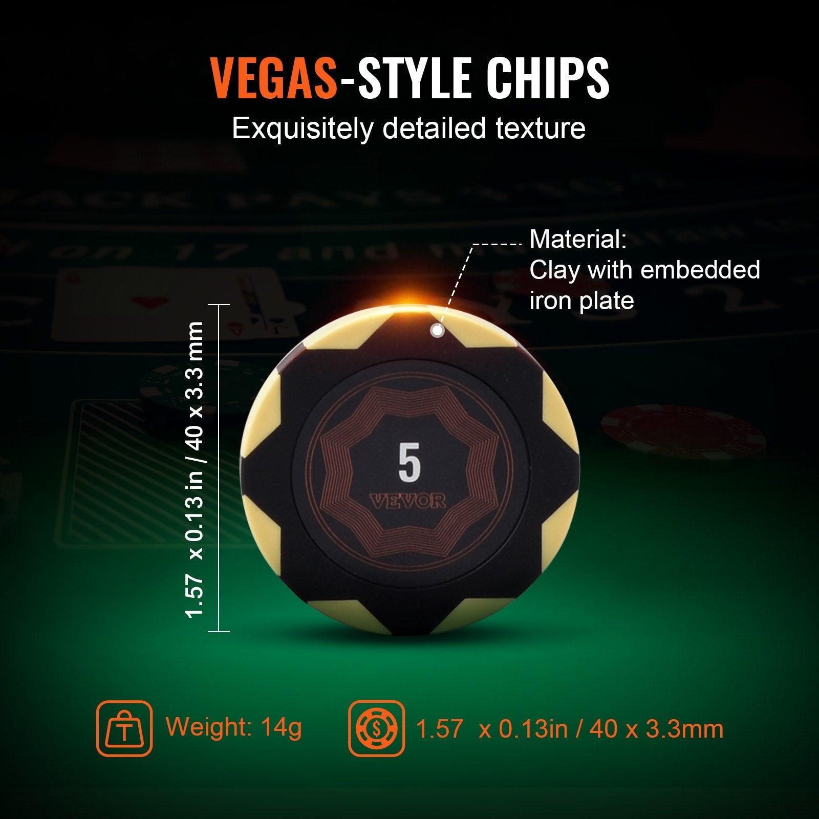 VEVOR Poker Chip Set, 300-Piece Poker Set, Complete Poker Playing Game Set with Carrying  Case, Heavyweight 14 Gram Casino Clay Chips, Cards, Buttons and Dices, for Texas Hold'em, Blackjack, Gambling 
