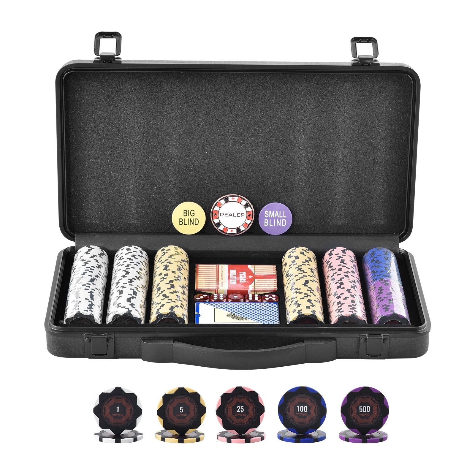 VEVOR Poker Chip Set, 300-Piece Poker Set, Complete Poker Playing Game Set with Carrying  Case, Heavyweight 14 Gram Casino Clay Chips, Cards, Buttons and Dices, for Texas Hold'em, Blackjack, Gambling 