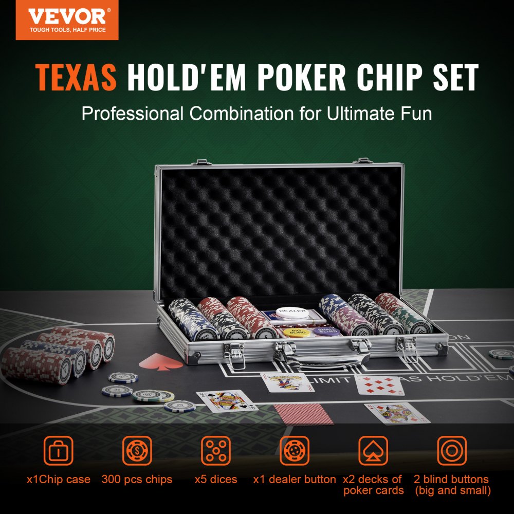 VEVOR Poker Chip Set, 300-Piece Poker Set, Complete Poker Playing Game Set with Aluminum Carrying  Case, 11.5 Gram Casino Chips, Cards, Buttons and Dices, for Texas Hold'em, Blackjack, Gambling 