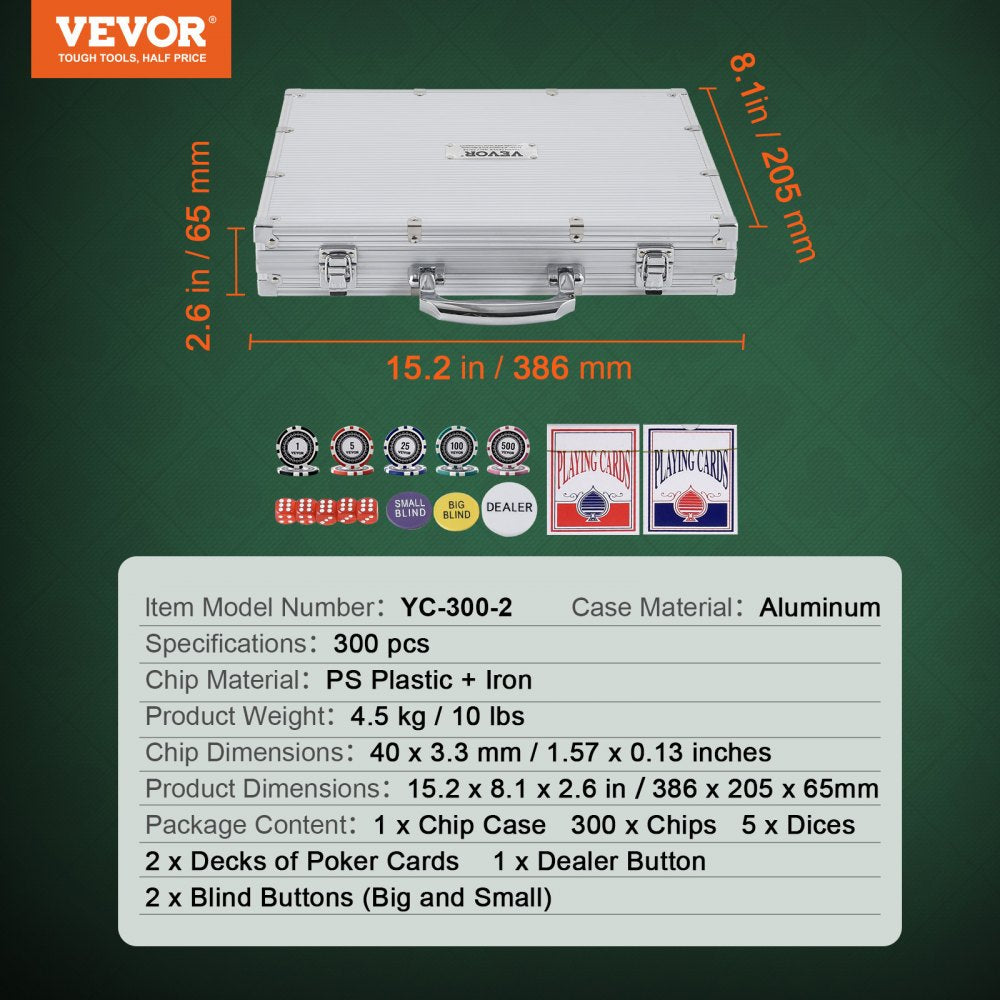 VEVOR Poker Chip Set, 300-Piece Poker Set, Complete Poker Playing Game Set with Aluminum Carrying  Case, 11.5 Gram Casino Chips, Cards, Buttons and Dices, for Texas Hold'em, Blackjack, Gambling 