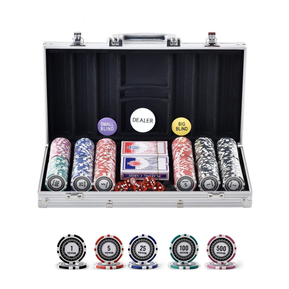 VEVOR Poker Chip Set, 300-Piece Poker Set, Complete Poker Playing Game Set with Aluminum Carrying  Case, 11.5 Gram Casino Chips, Cards, Buttons and Dices, for Texas Hold'em, Blackjack, Gambling 