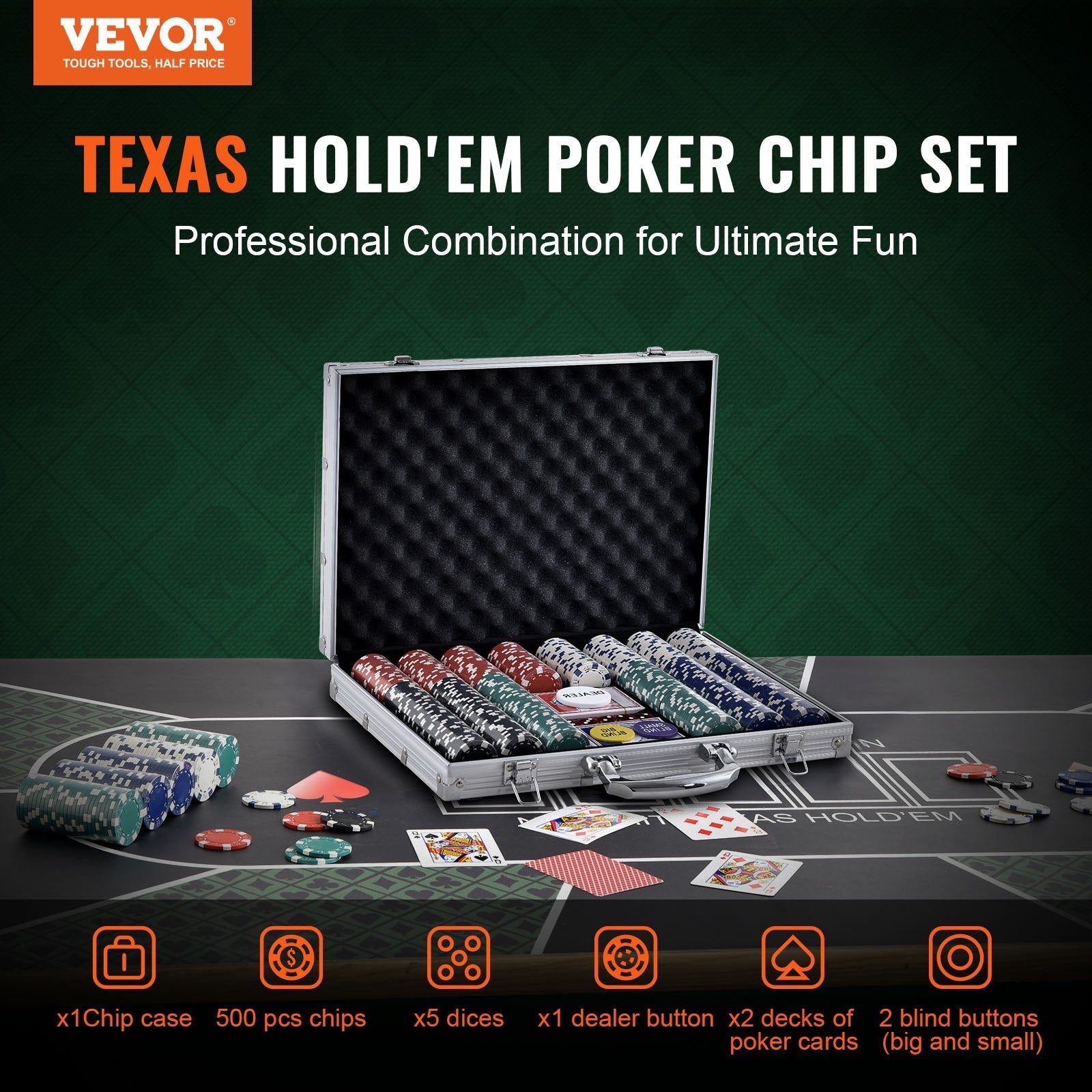 VEVOR Poker Chip Set, 500-Piece Poker Set, Complete Poker Playing Game Set with Aluminum Carrying  Case, 11.5 Gram Casino Chips, Cards, Buttons and Dices, for Texas Hold'em, Blackjack, Gambling 