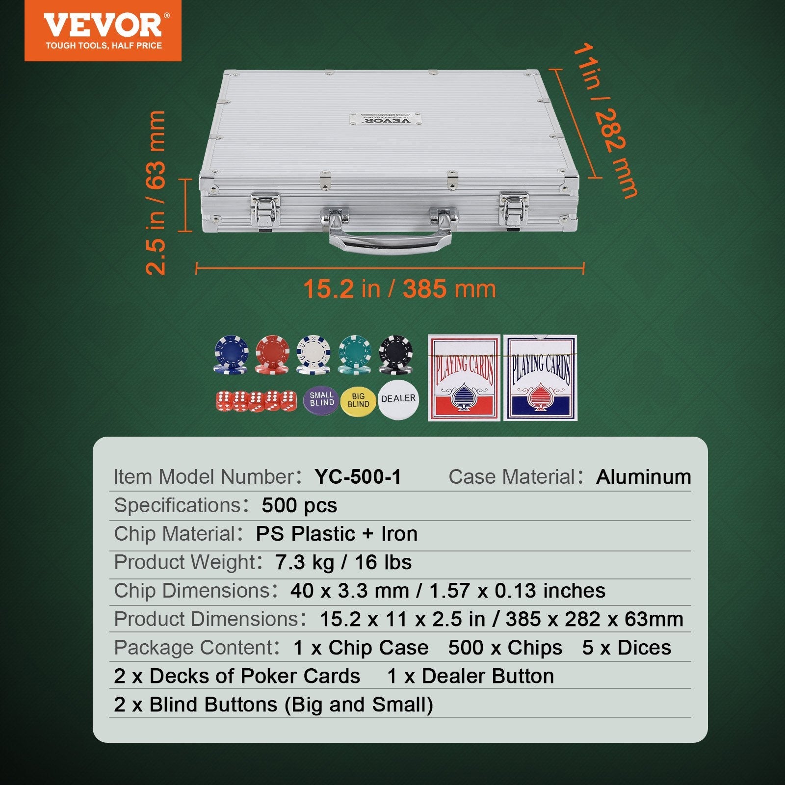 VEVOR Poker Chip Set, 500-Piece Poker Set, Complete Poker Playing Game Set with Aluminum Carrying  Case, 11.5 Gram Casino Chips, Cards, Buttons and Dices, for Texas Hold'em, Blackjack, Gambling 