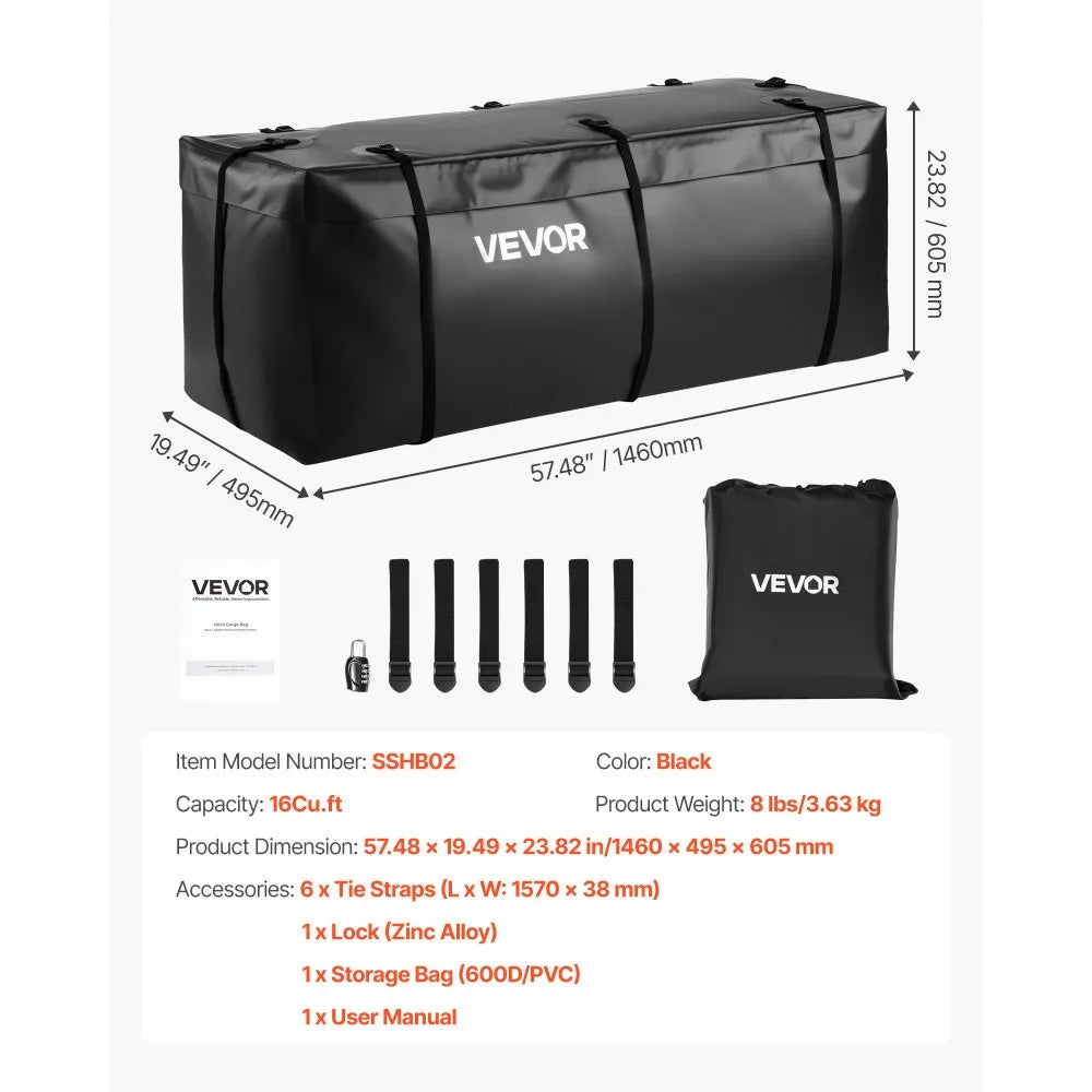 VEVOR Hitch Cargo Carrier Bag 57.48 x 19.49 x 23.82 in (16 Cu.ft) Waterproof