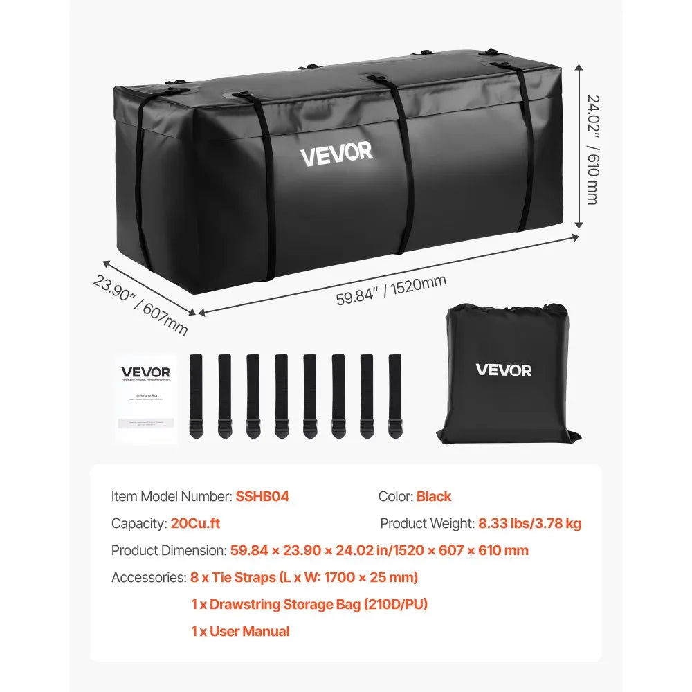 VEVOR Hitch Cargo Carrier Bag 59.84 x 23.9 x 24.02 in (20 Cu.ft) with 8 Straps