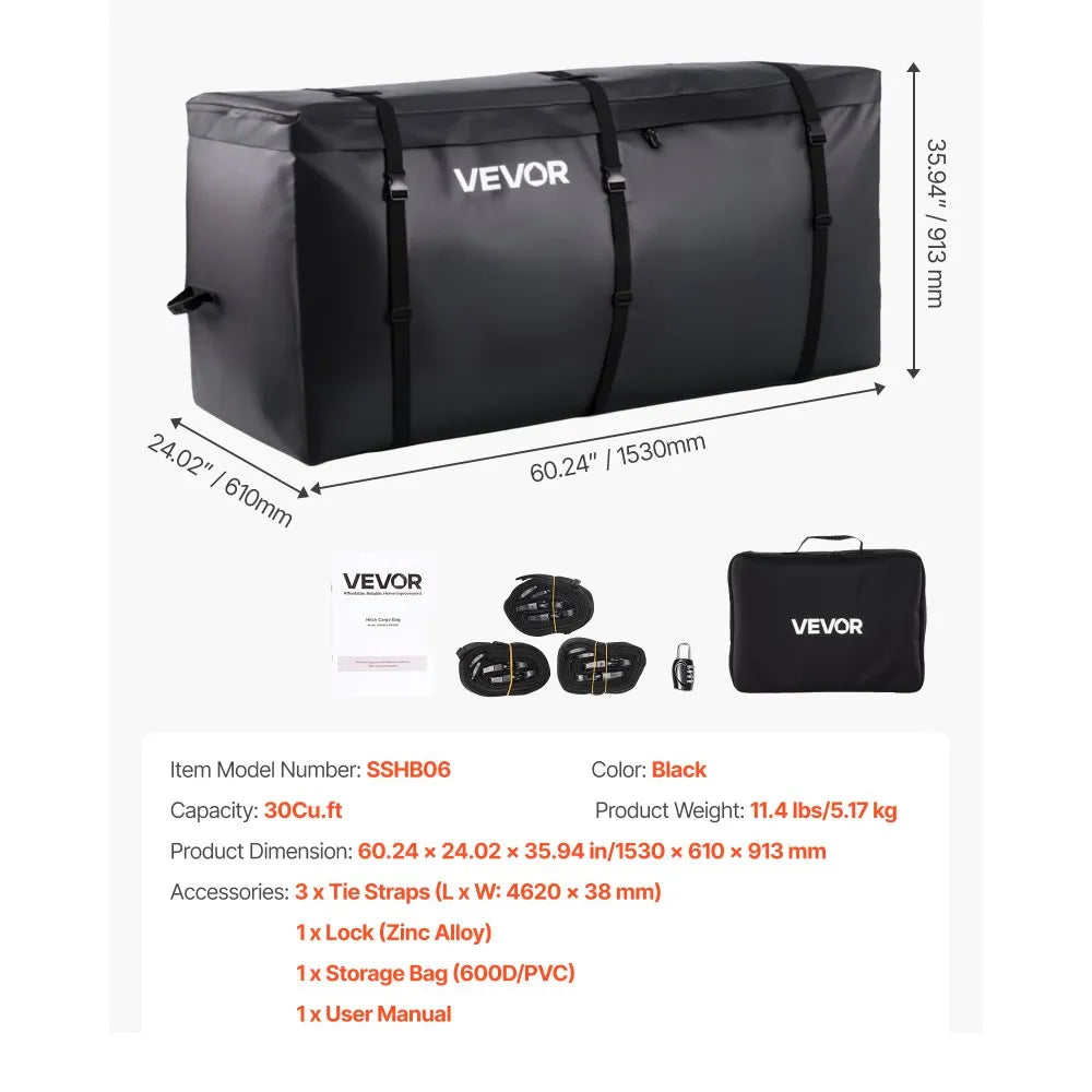 VEVOR Hitch Cargo Carrier Bag 60.24 x 24.02 x 35.94 in (30 Cu.ft) Waterproof
