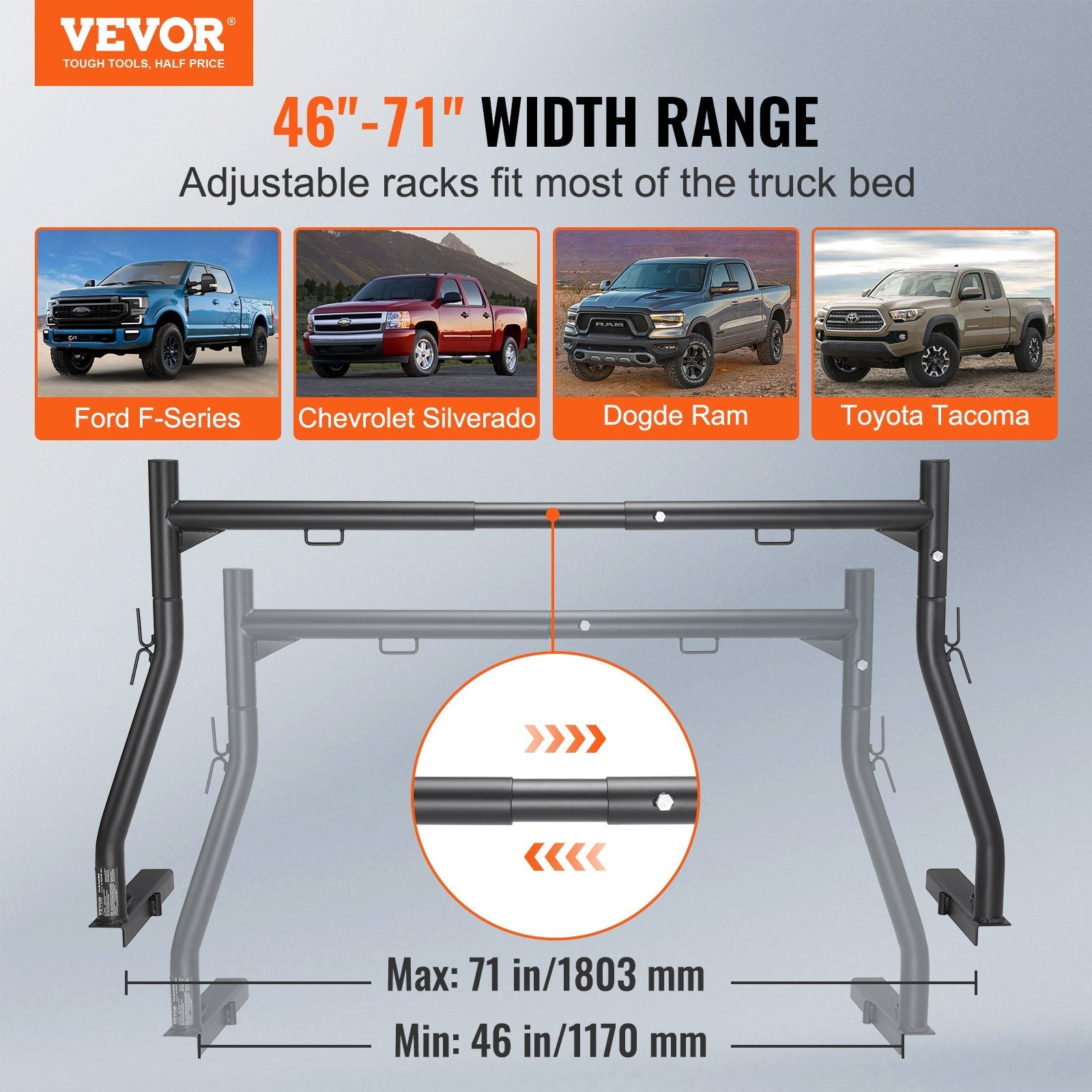 VEVOR Truck Rack, 46-71inch Width, 800 lbs Capacity, Extendable Steel Ladder Rack for Truck with 4 Non-Drilling J-bolts, Heavy Duty Truck Bed Rack Two-Bar Set for Kayak, Surfboard, Lumber, Ladder 